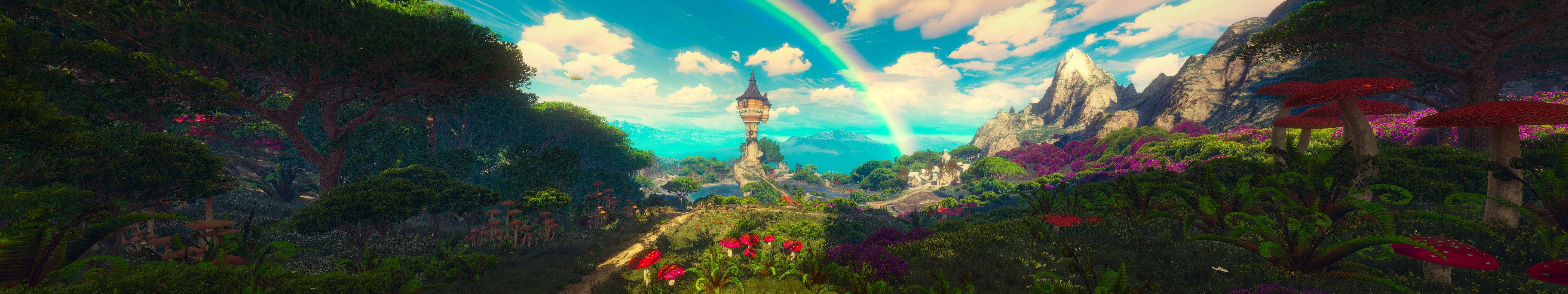 Witcher 3 桌布 壁紙 — 一個充滿活力的奇幻景觀，彩虹拱跨在石塔之上，塔樓坐落在鬱鬱蔥蔥的綠色森林和色彩繽紛的花朵之中。