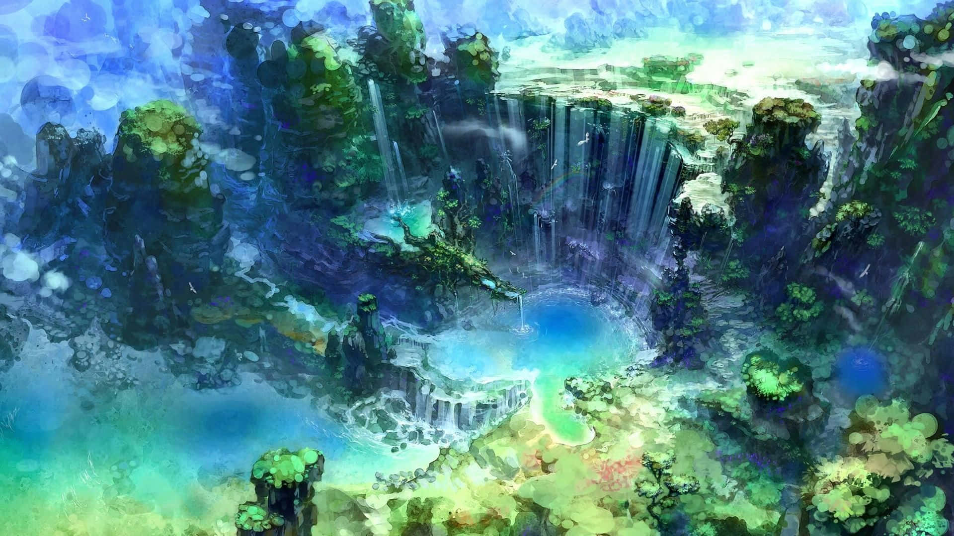 Beautiful Anime 桌布 壁紙 — 一個充滿活力的奇幻景觀，有層疊瀑布流入一個被茂密綠色懸崖環繞的發光藍色水池。