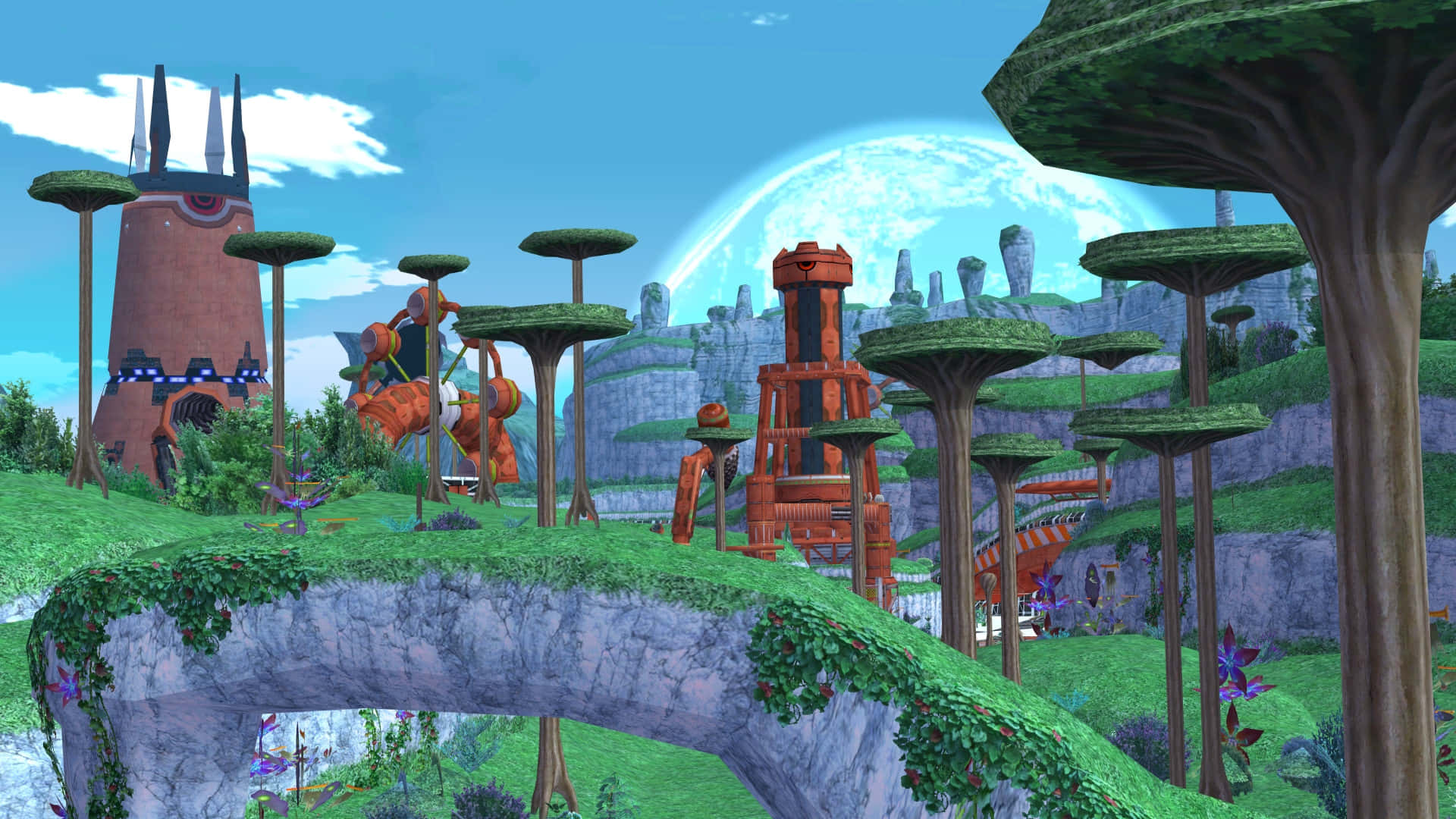 Sonic Planet Wisp 桌布 壁紙 — 一個充滿活力的奇幻景觀，有浮島、綠樹和橙色機械結構，在藍天下有一輪發光的月亮。