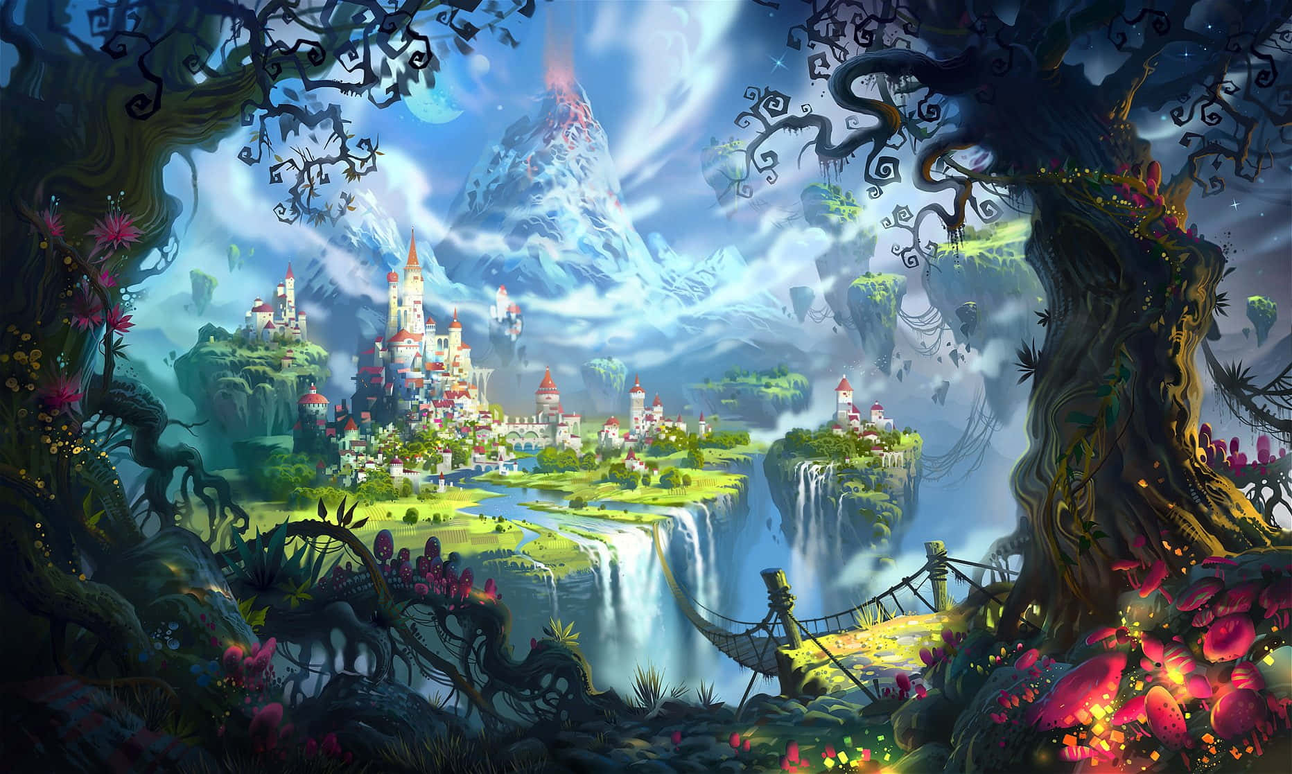 Kingdom 桌布 壁紙 — 一個充滿活力的奇幻景觀，由扭曲的樹木框住，揭示了一個漂浮的城堡小鎮，坐落在鬱鬱蔥蔥的島嶼上，有瀑布和遠處的雪山。