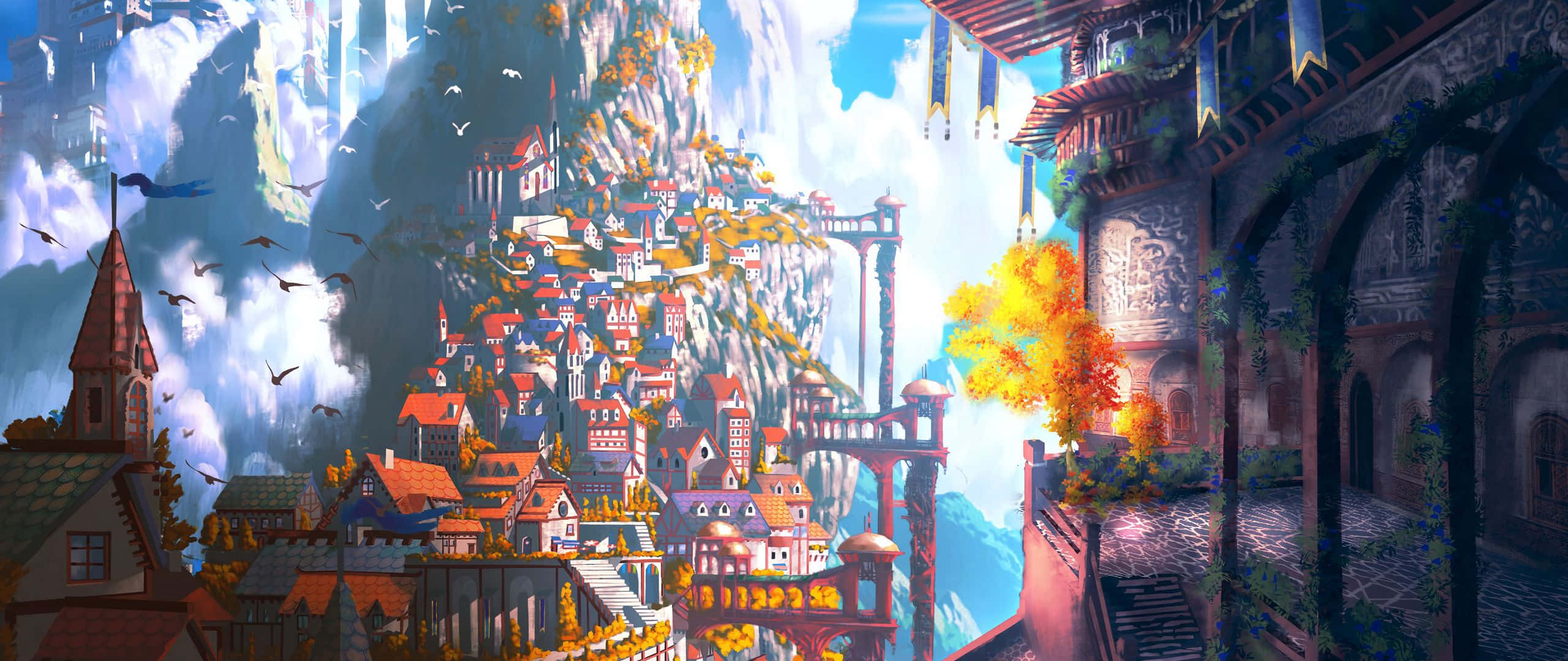 Art 2560x1080 桌布 壁紙 — 一個充滿活力的奇幻村莊依附在霧氣繚繞的山崖上，頭頂是明亮的藍天，鳥兒在空中翱翔。