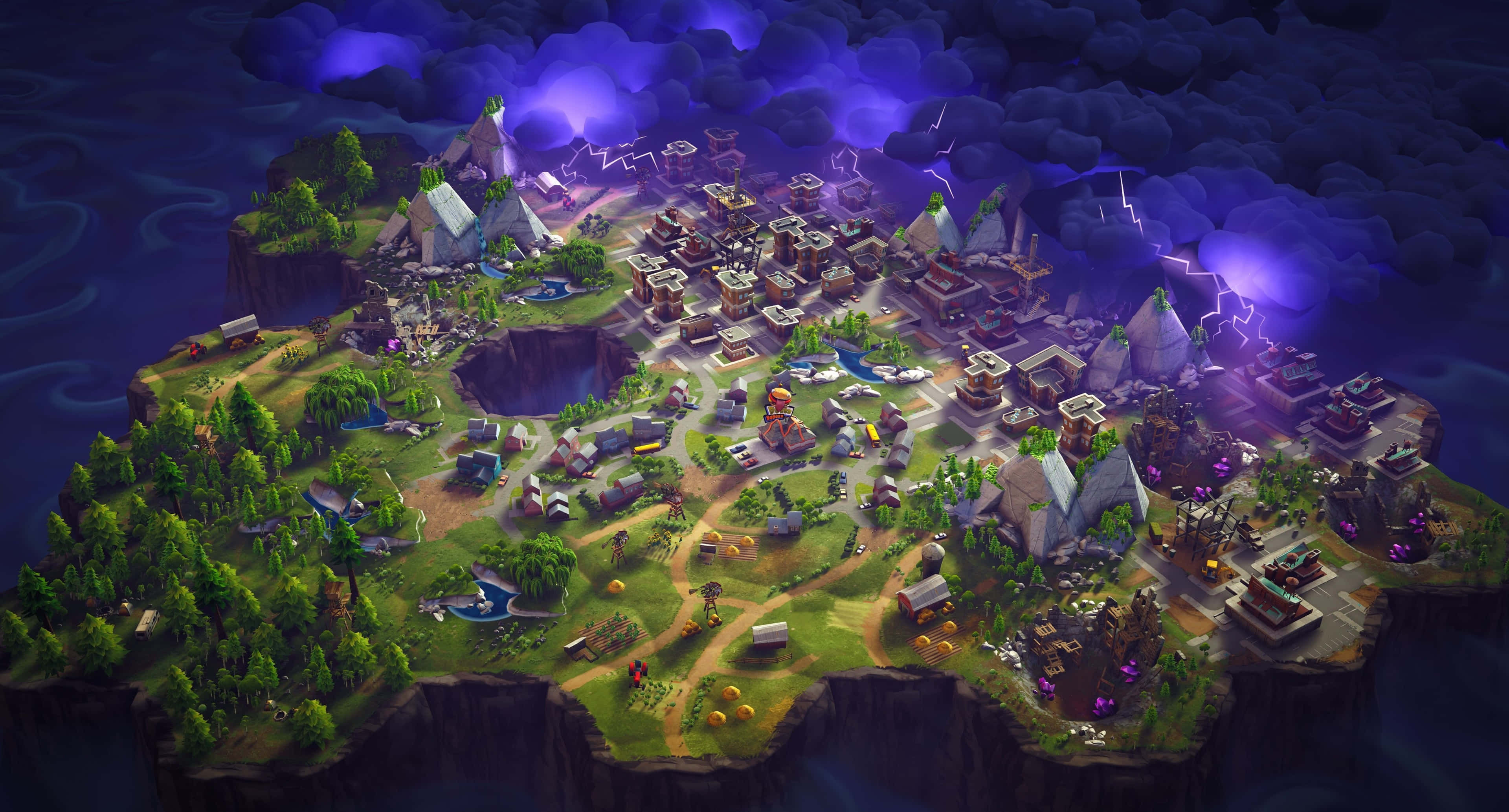 Fortnite Battle Royale 桌布 壁紙 — 一個充滿活力的奇幻村莊坐落在懸崖邊，暴風雨般的紫色天空下，閃電照亮了其色彩繽紛的建築和蜿蜒的小徑。