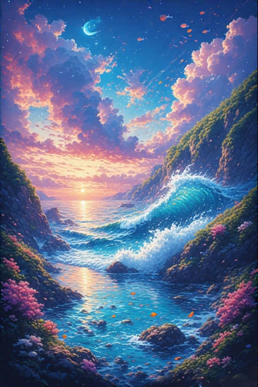 Stunning Sea Anime Realism Precisionist Art 壁紙 — 一個充滿活力的奇幻海景，巨大的藍綠色波浪在茂密的懸崖之間撞擊，背景是帶有粉紅色雲彩和新月的暮色天空。