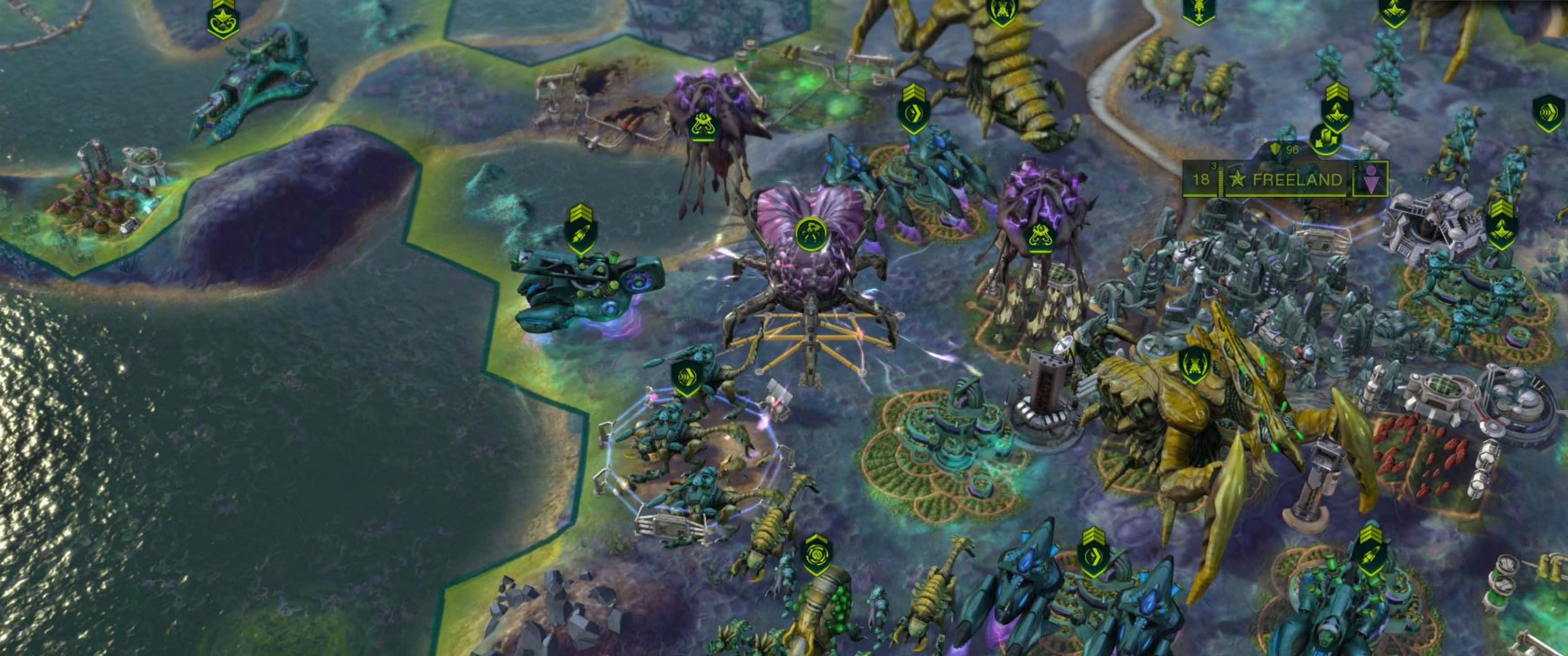 1440p Civilization Beyond Earth 桌布 壁紙 — 一個充滿活力的奇幻策略遊戲地圖，顯示外星生物和未來單位在六角網格地形上戰鬥。