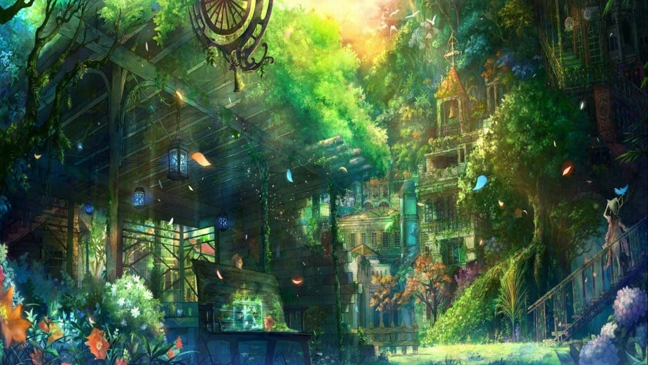 Fantasy Anime 桌布 壁紙 — 一個充滿活力的奇幻花園，擁有茂密的綠色植物和發光的燈籠，照亮了隱藏在樹木間、雜草叢生的奇幻村莊。