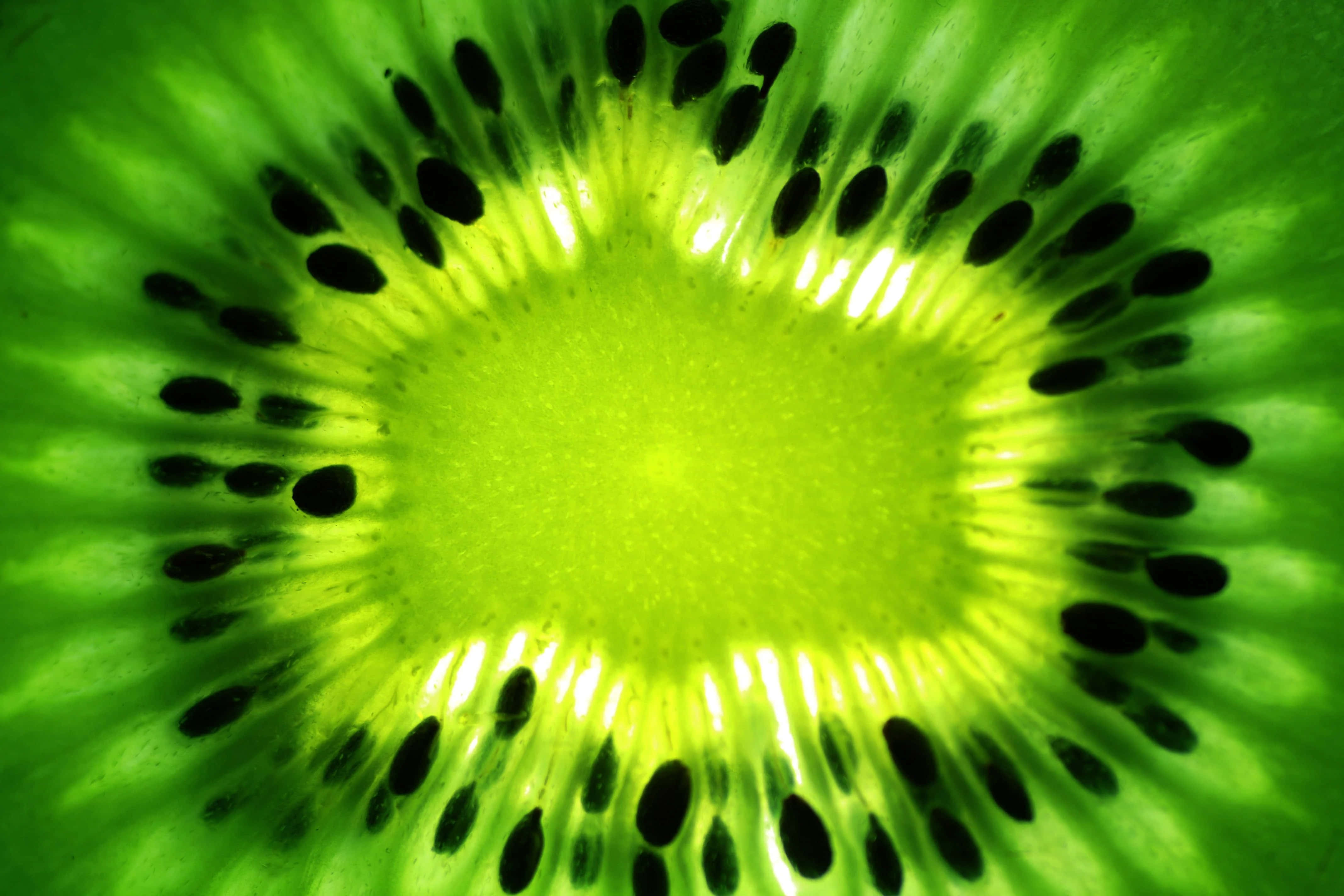 Kiwi 桌布 壁紙 — 一個充滿活力的奇異果橫切面，露出亮綠色果肉和一圈黑色種子。