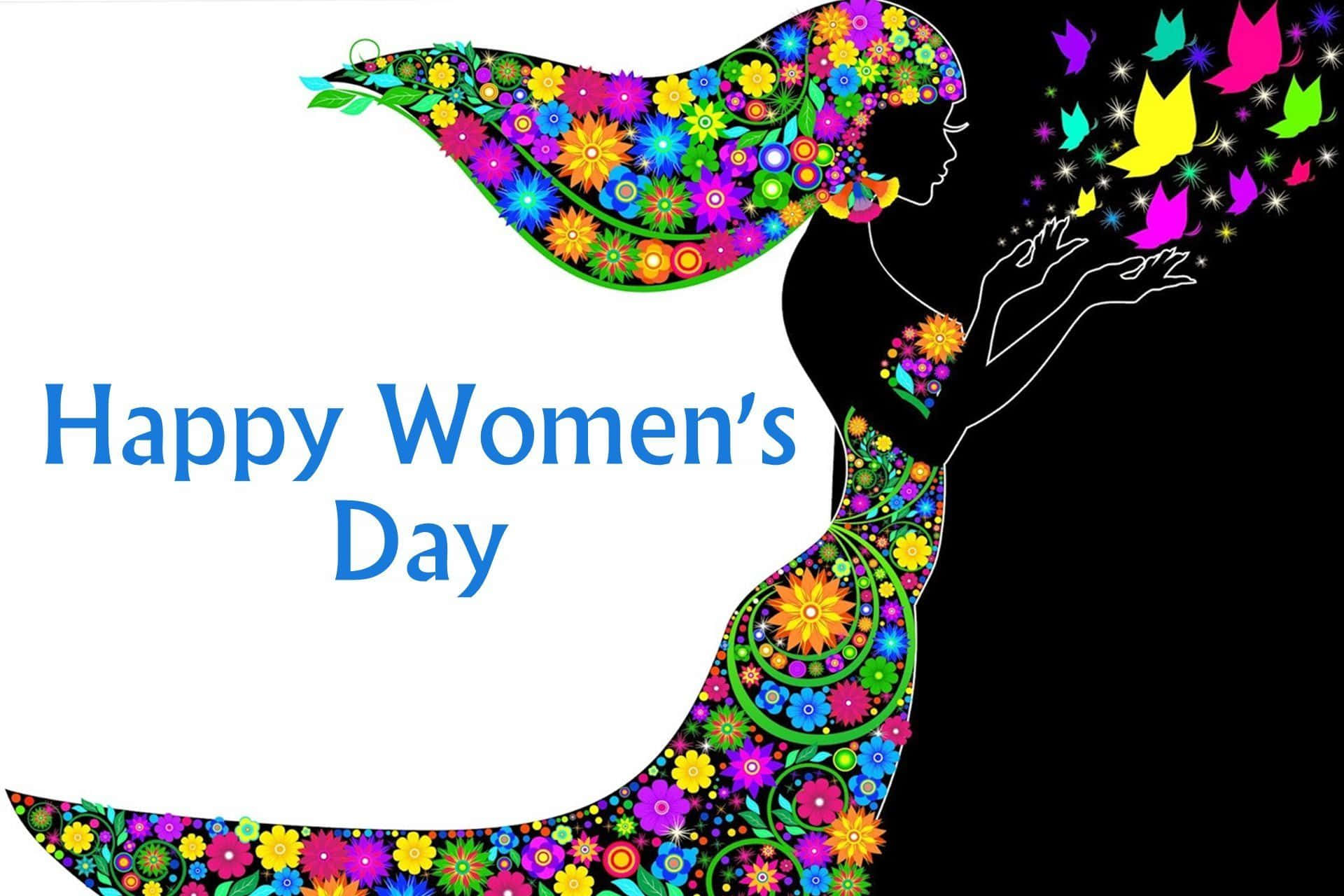 Happy Womens Day 桌布 壁紙 — 一個充滿活力的女性剪影，頭髮和裙子帶有花卉圖案，在黑白背景上釋放彩色蝴蝶，並帶有「Happy Women's Day」文字。