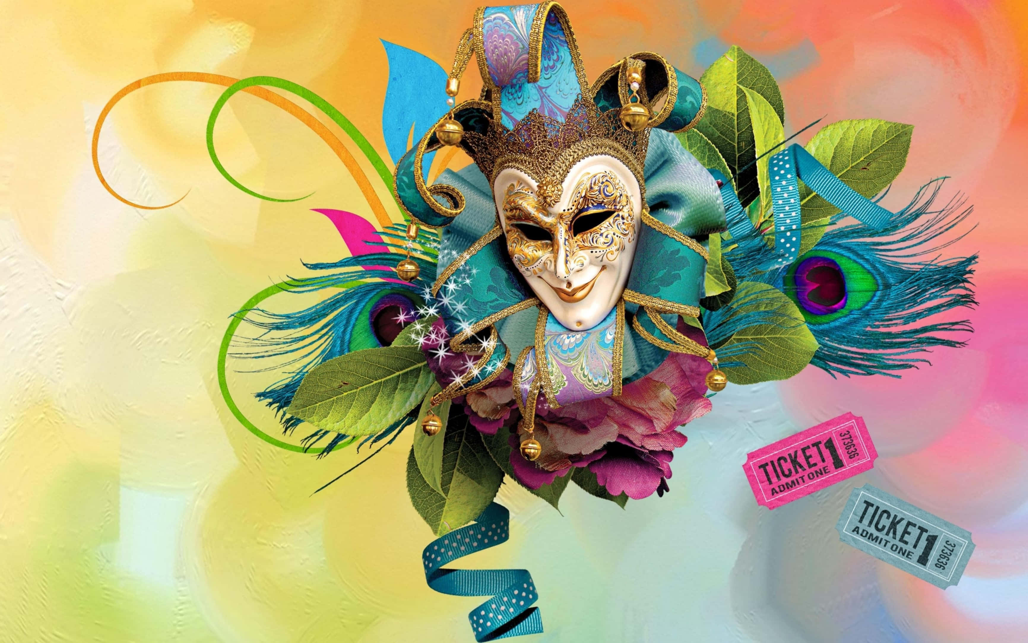 Mardi Gras 桌布 壁紙 — 一個充滿活力的威尼斯面具，飾有孔雀羽毛、鮮花和絲帶，背景為色彩繽紛的抽象圖案。