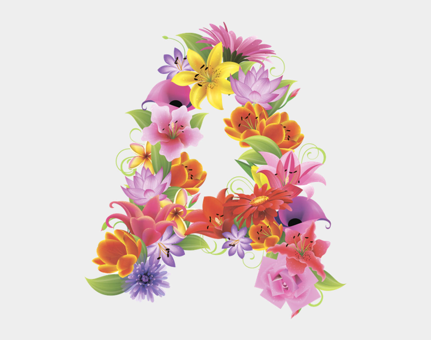 Letter A 桌布 壁紙 — 一個充滿活力的字母A，飾有色彩繽紛的花朵和綠葉，背景簡潔。