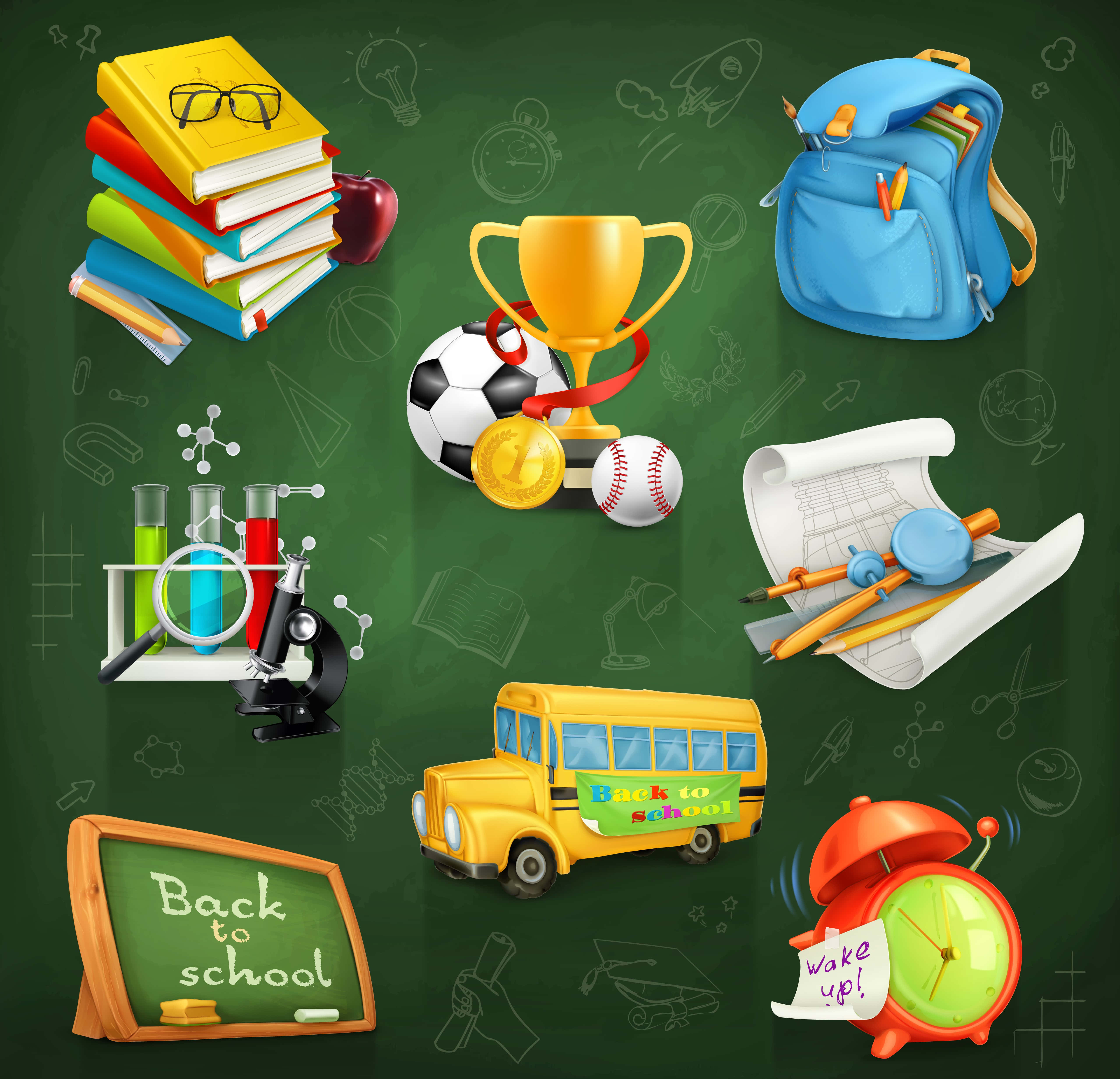 Back To School 桌布 壁紙 — 一個充滿活力的學校主題圖標集合，包括背包、獎盃和教科書，排列在黑板背景上。