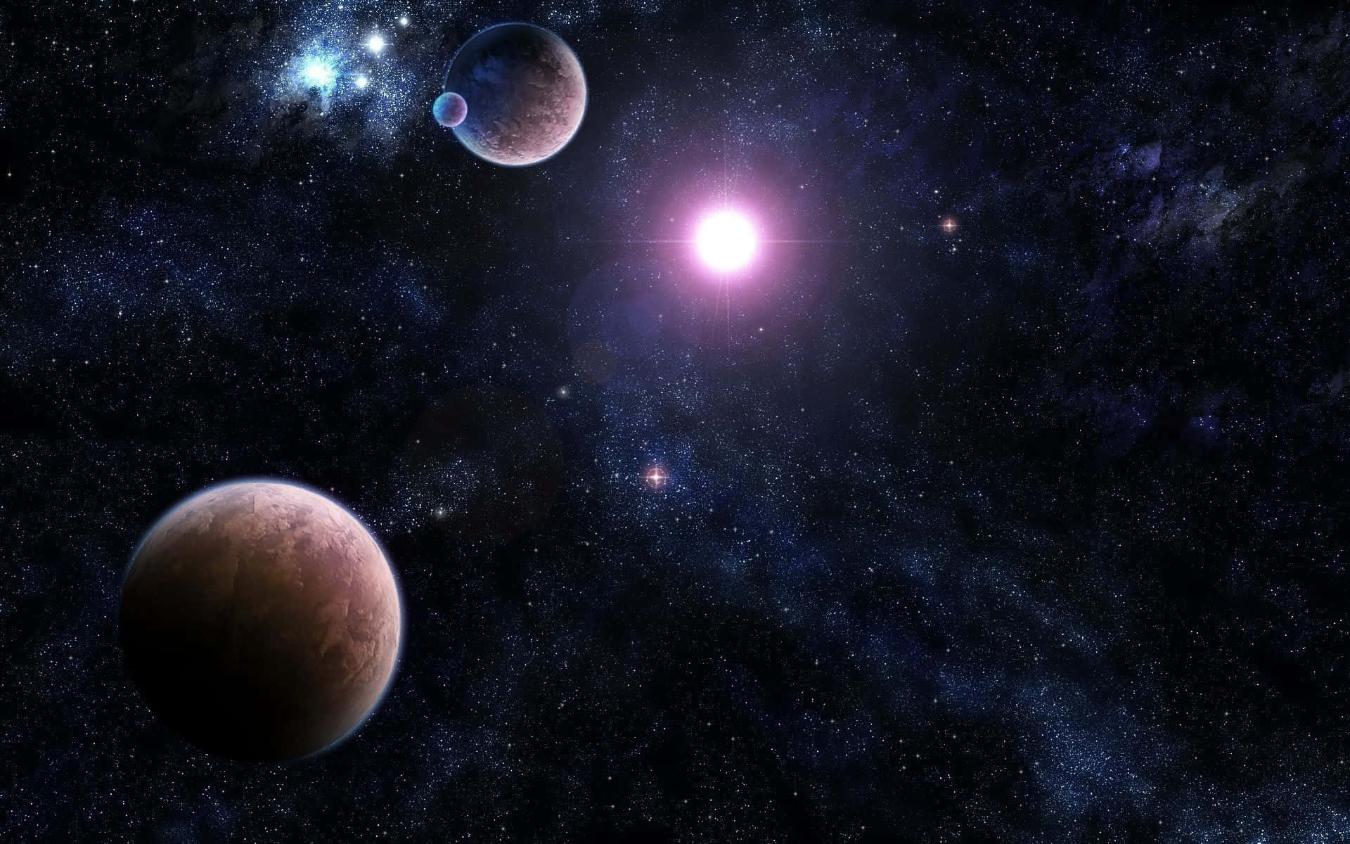 太陽系 桌布 壁紙 — 一個充滿活力的宇宙場景，一顆明亮的粉紅色恆星照亮了三顆行星，背景是星場和發光的星雲。
