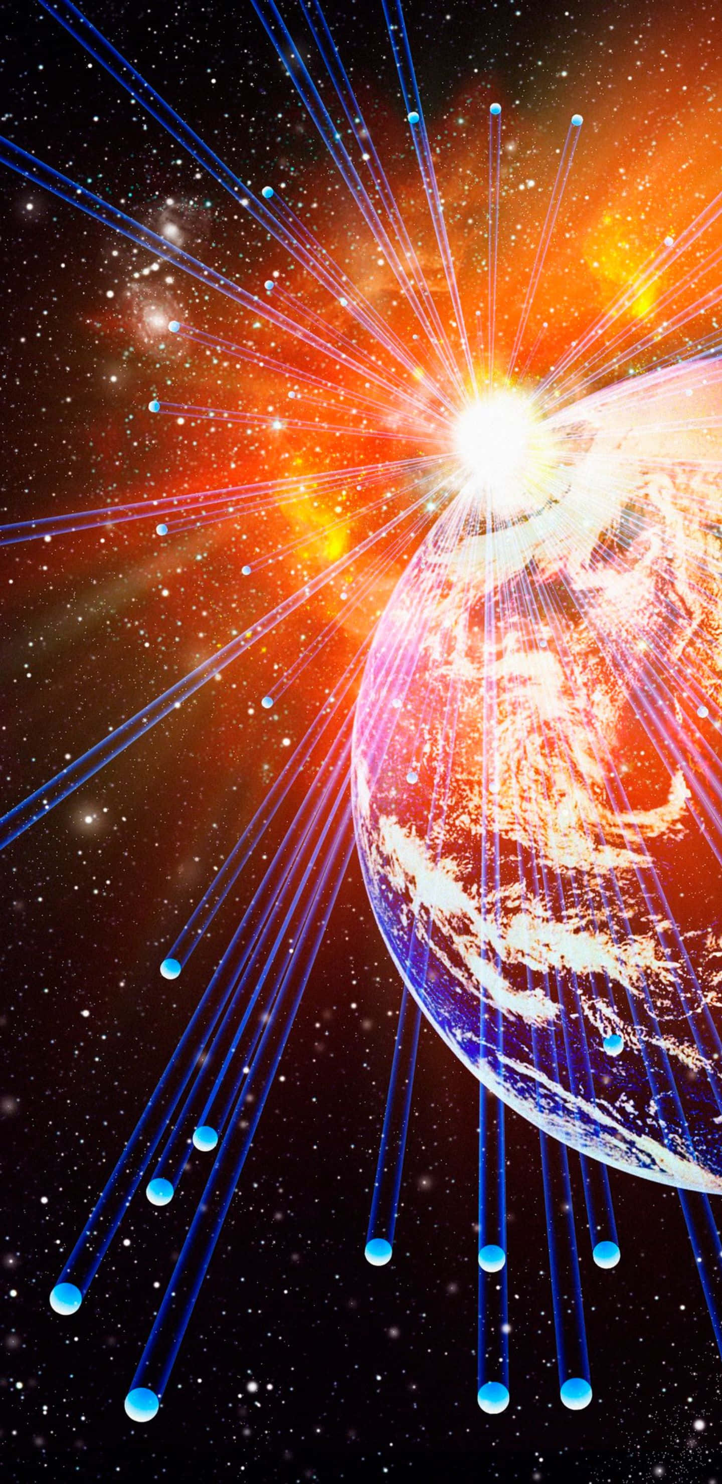 1440x2960 桌布 壁紙 — 一個充滿活力的宇宙場景，一顆發光的行星在佈滿星星的橙色和黑色天空中發出藍色能量光束。
