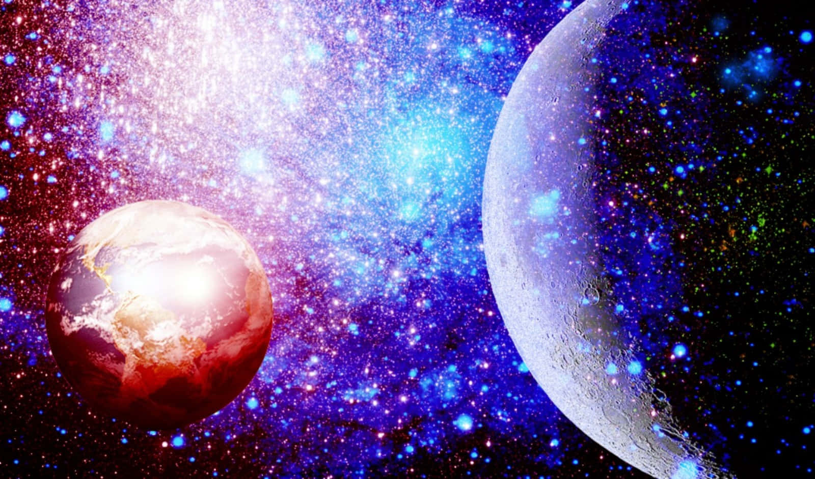 行星動畫 桌布 壁紙 — 一個充滿活力的宇宙場景，一顆發光的紅色行星和一個佈滿隕石坑的月球，背景是紫色、藍色和粉紅色的星爆星雲。