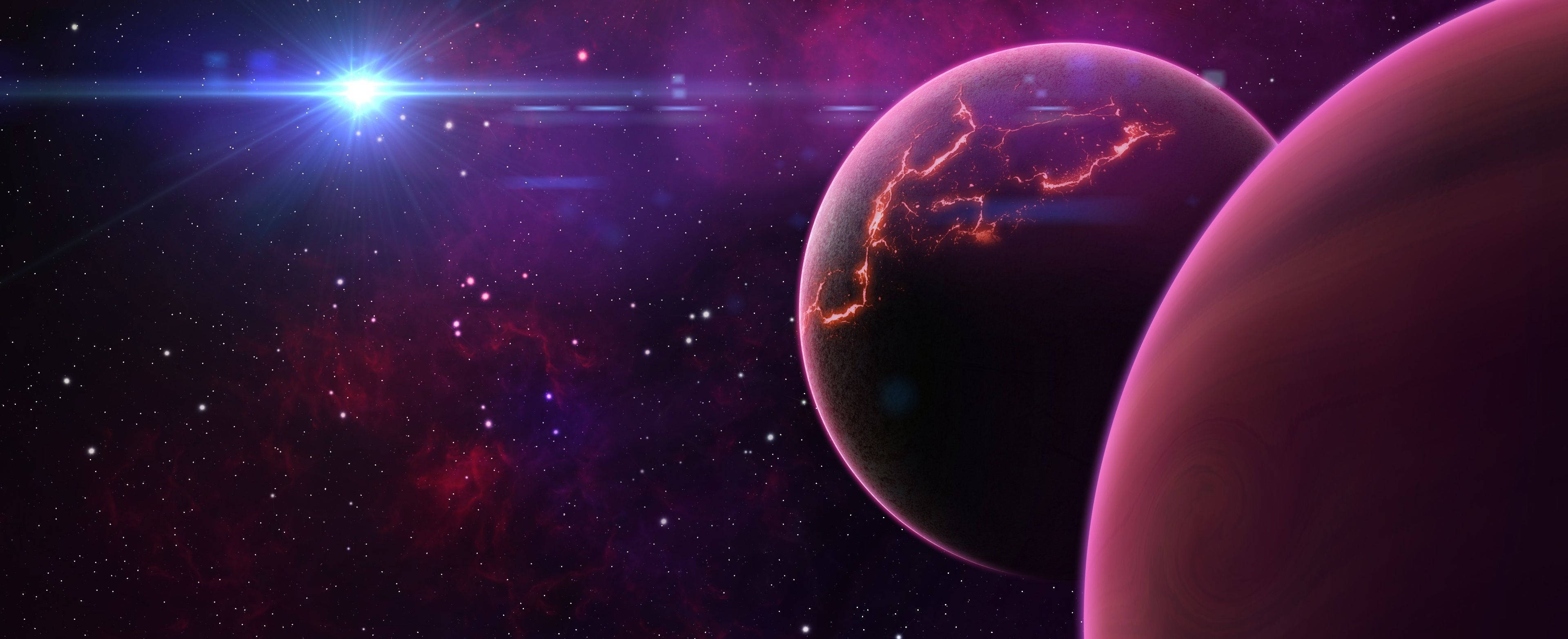 3840x1600 桌布 壁紙 — 一個充滿活力的宇宙場景，一顆發光的星星照亮了紫色的星雲和兩顆行星，其中一顆帶有發光的橙色閃電。