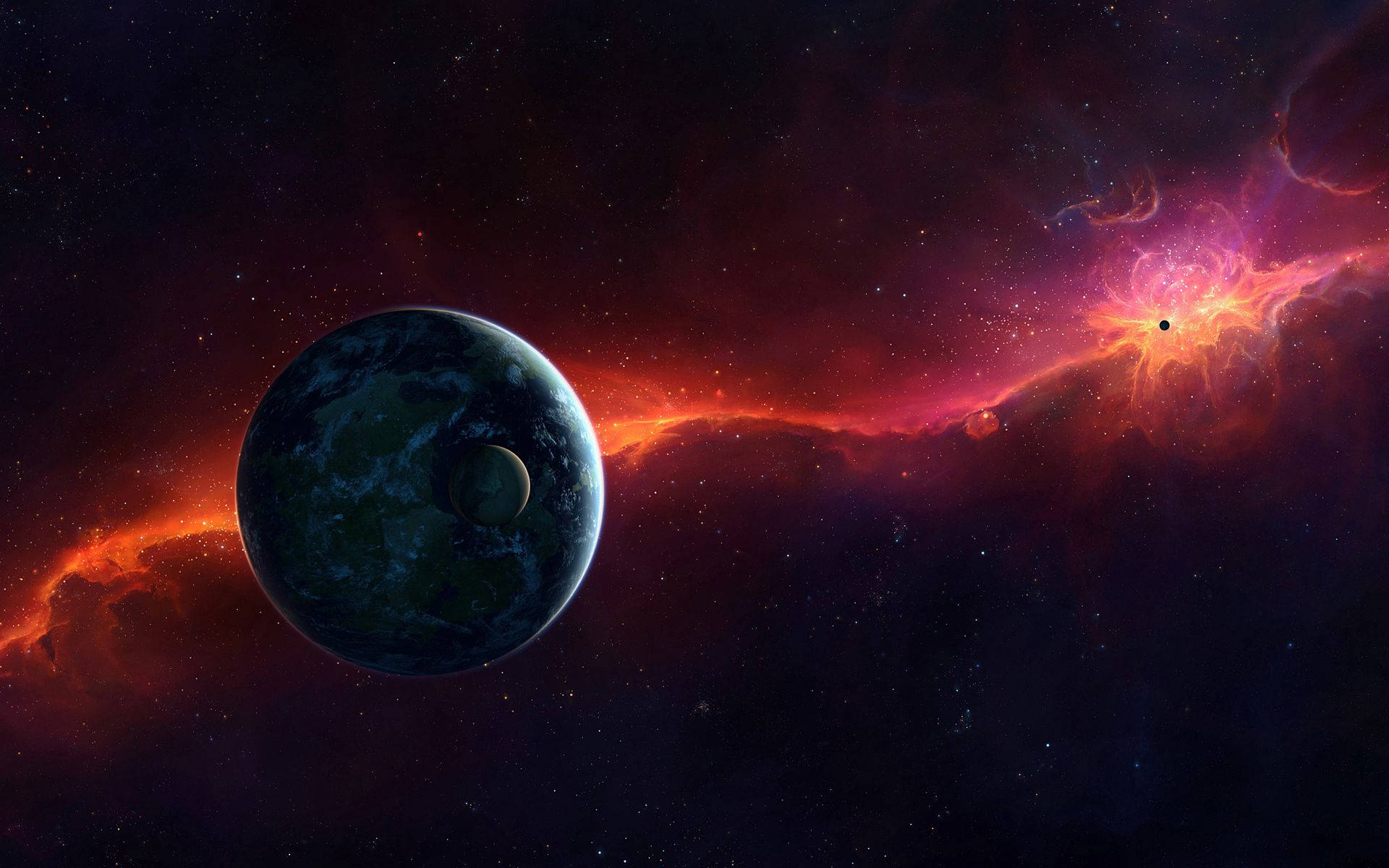 Sci 桌布 壁紙 — 一個充滿活力的宇宙場景，一顆藍綠色行星帶有衛星繞其運行，背景是熾熱的星雲和星場。