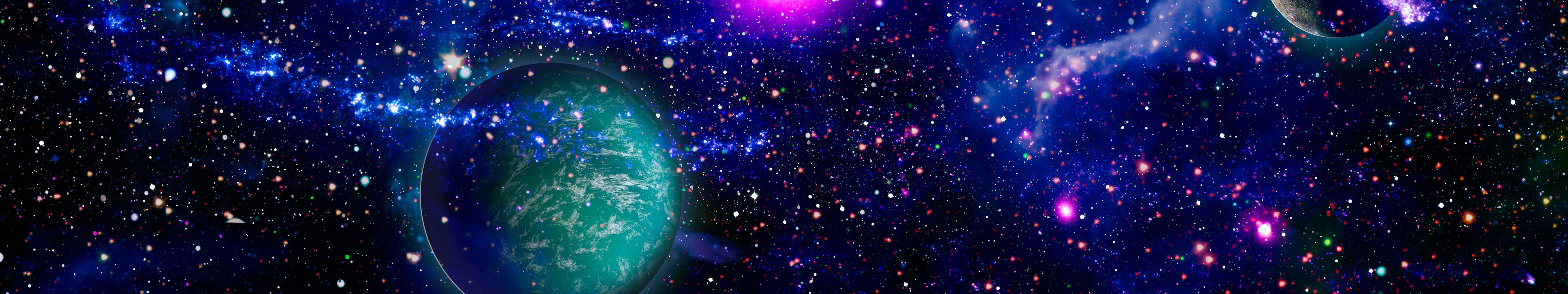 桌布 壁紙 — 一個充滿活力的宇宙場景，一顆青綠色的行星在深藍色和紫色的太空中，在旋轉的星雲和閃爍的星星之間發光。