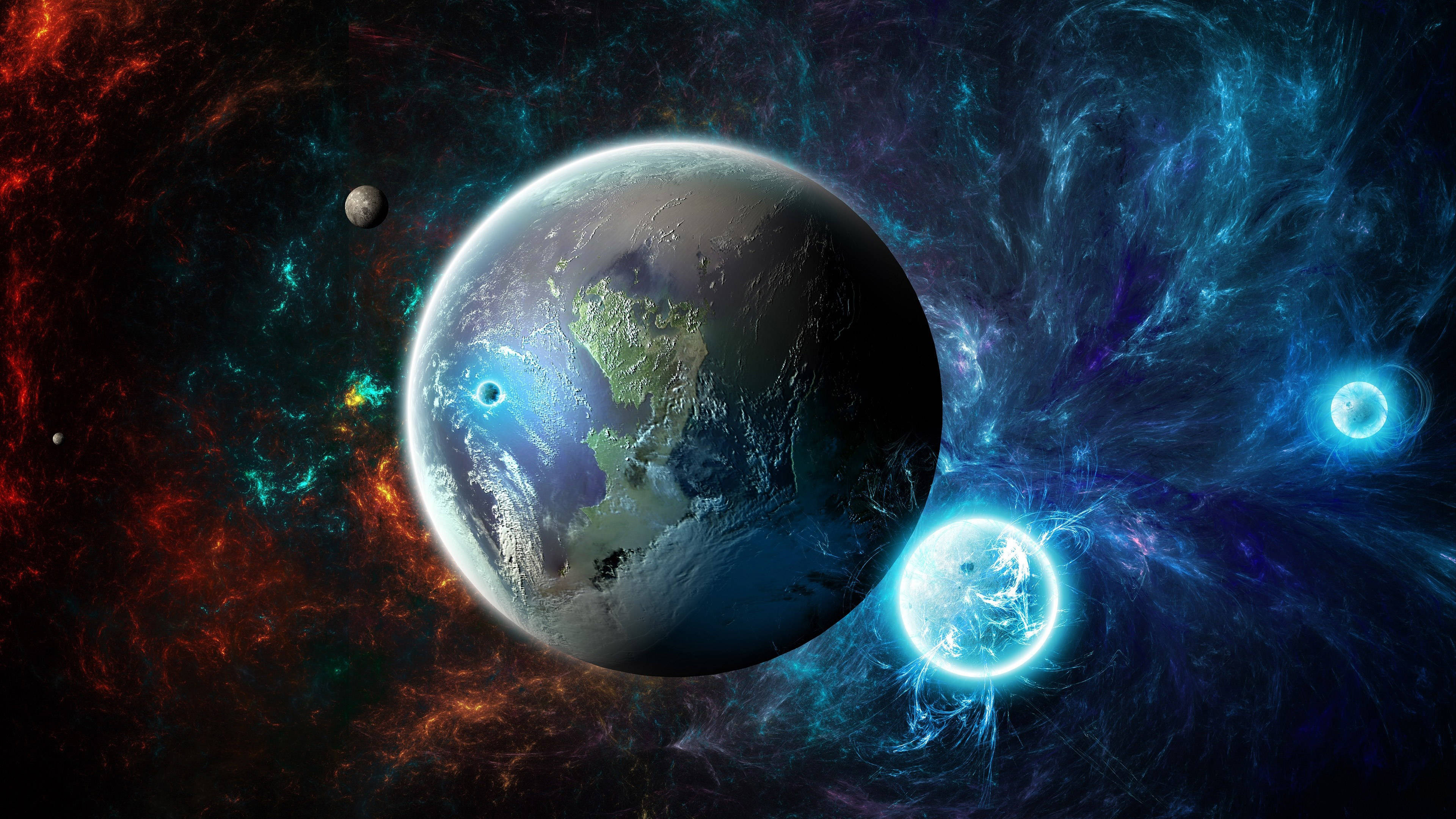 太空 桌布 壁紙 — 一個充滿活力的宇宙場景，以一個被發光星雲和較小天體包圍的詳細行星為特色。