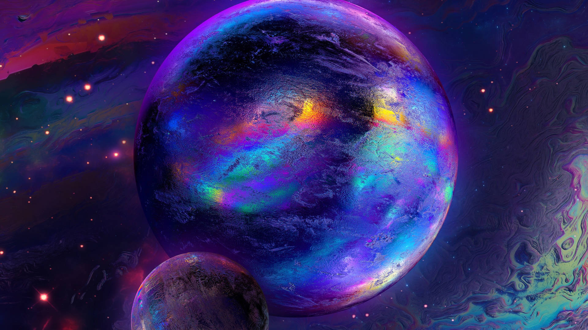 宇宙美學 桌布 壁紙 — 一個充滿活力的宇宙場景，以發光的紫色行星、旋轉的極光和一顆較小的衛星為特色，背景是繁星點點的星雲。