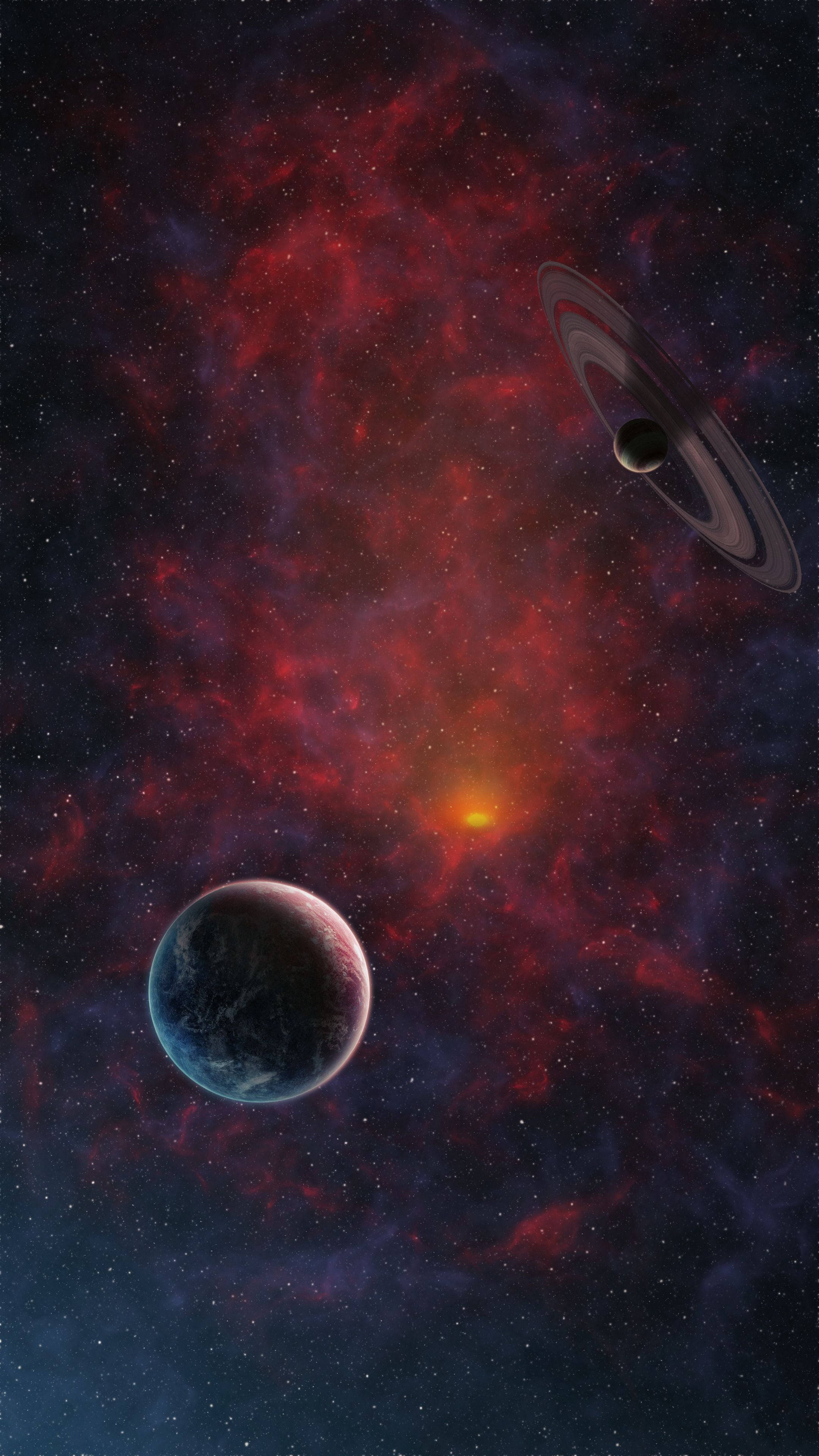 Space 4K Phone 桌布 壁紙 — 一個充滿活力的宇宙場景，以藍色行星和帶環行星為特色，背景是佈滿星星的旋轉紅色和紫色星雲。