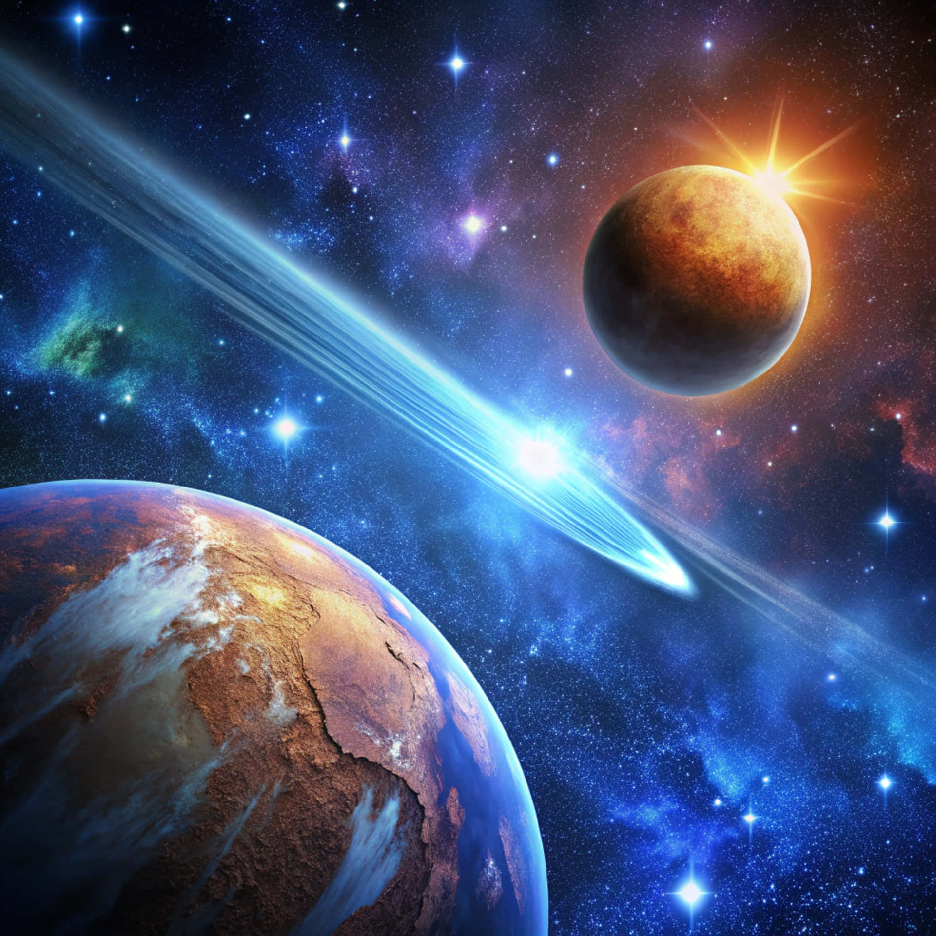 Imaginary space with the flight of the comet 壁紙 — 一個充滿活力的宇宙場景，兩顆帶有發光環的行星和一個明亮的星爆，背景是藍色、紫色和橙色的星場。