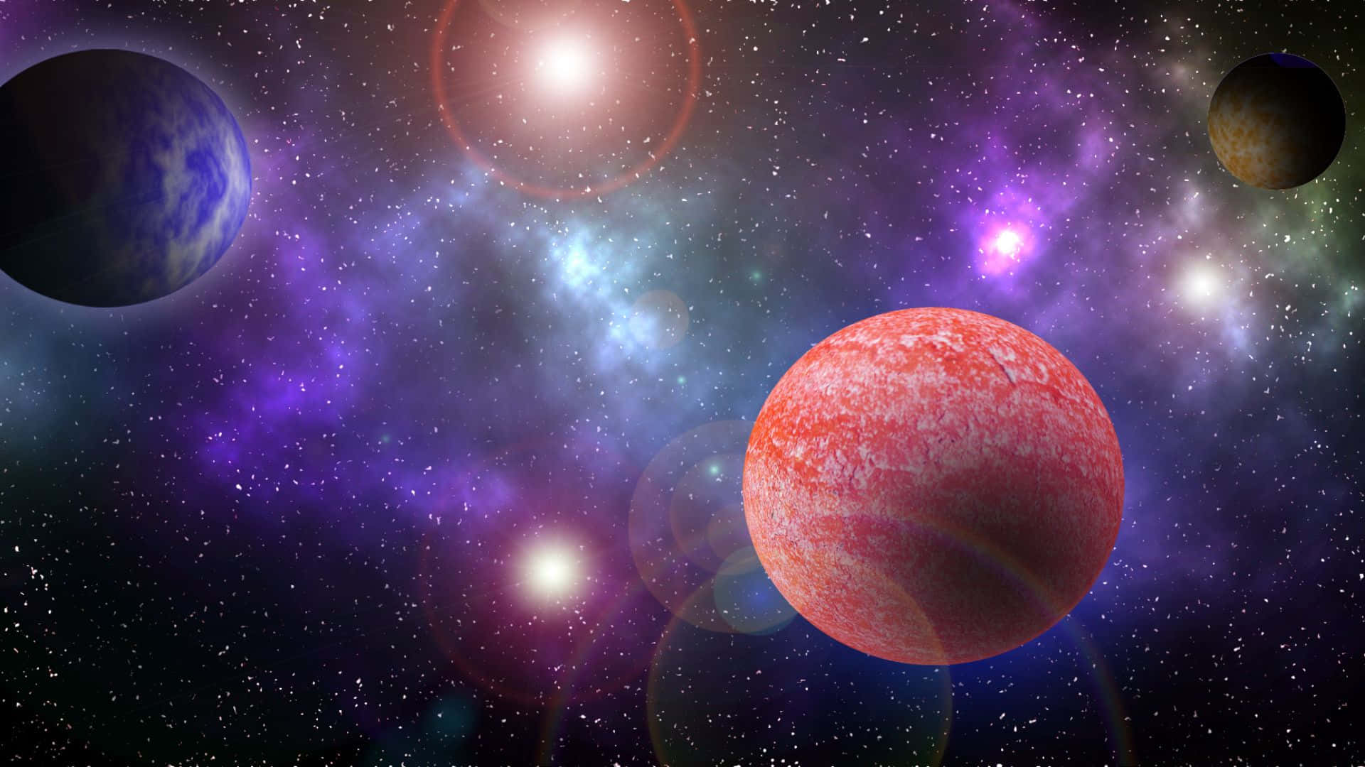 行星動畫 桌布 壁紙 — 一個充滿活力的宇宙場景，前景中有一顆紅色行星，周圍環繞著發光的星雲和遙遠的行星，背景是星野。