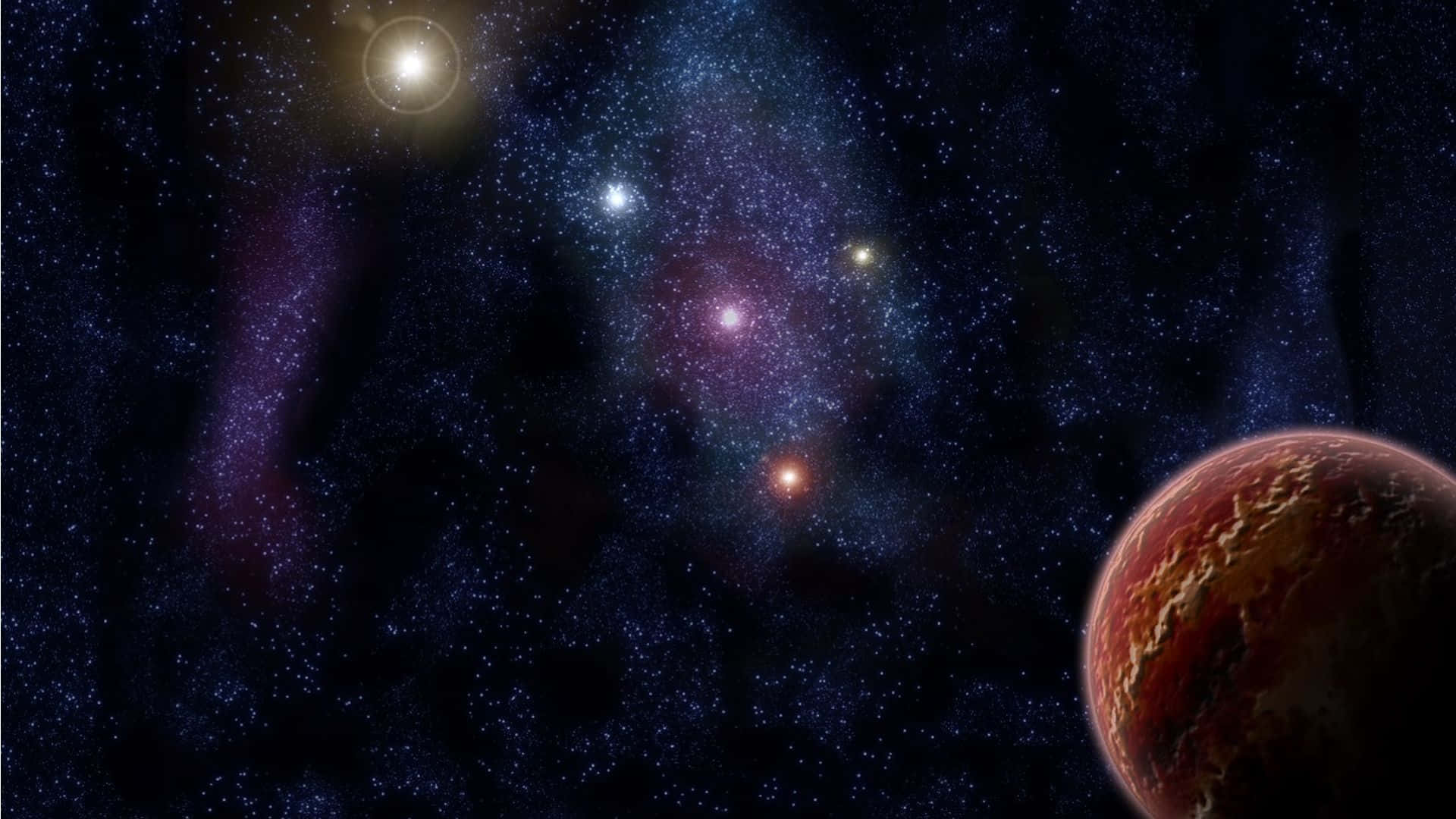 太陽系 桌布 壁紙 — 一個充滿活力的宇宙場景，前景有一顆微紅色的行星，閃爍的星星和色彩繽紛的星雲在深邃的太空背景中旋轉。