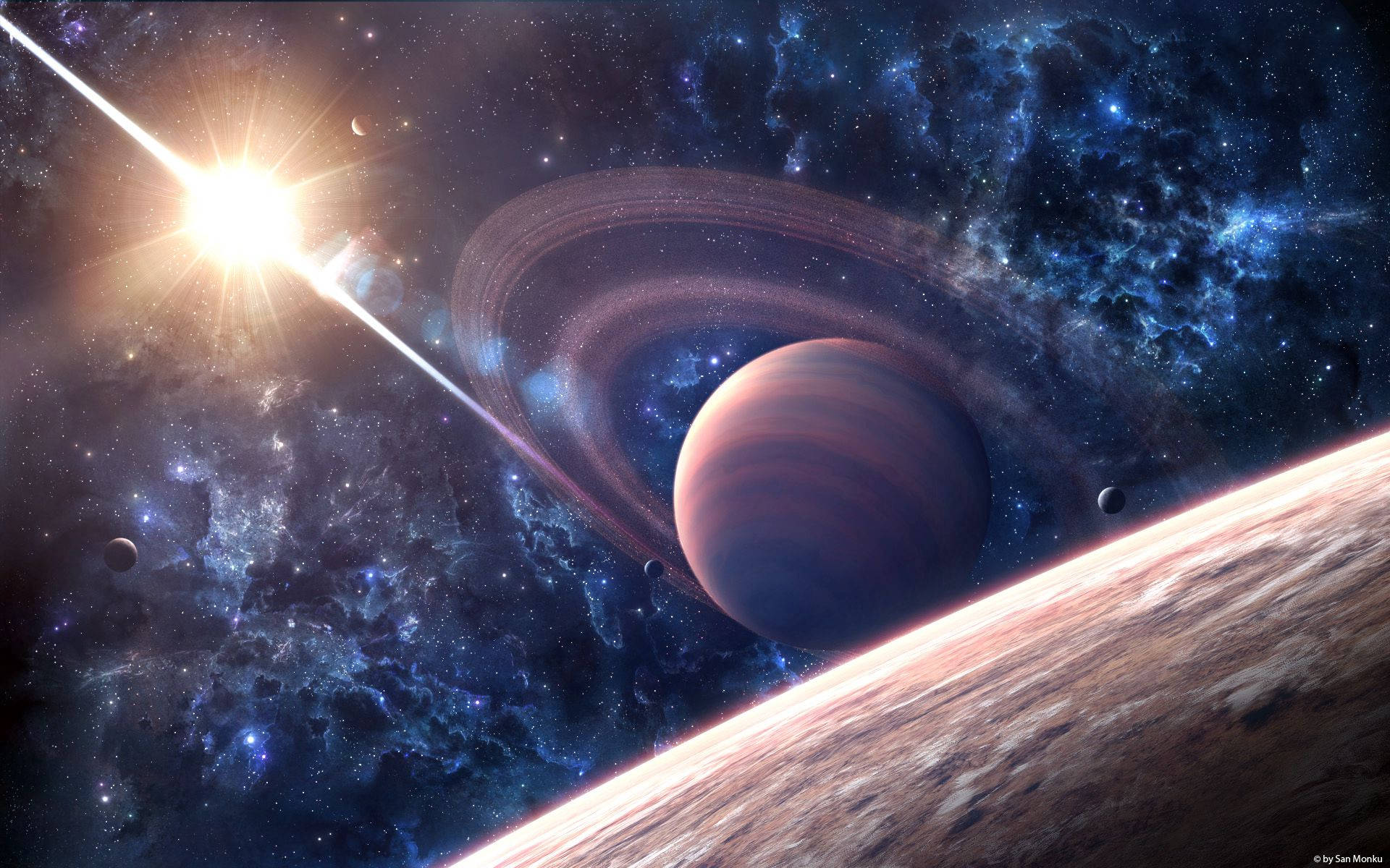銀河 桌布 壁紙 — 一個充滿活力的宇宙場景，包含一顆發光的恆星、一顆帶環的行星和一顆遙遠的行星，背景是繁星點點的星雲。