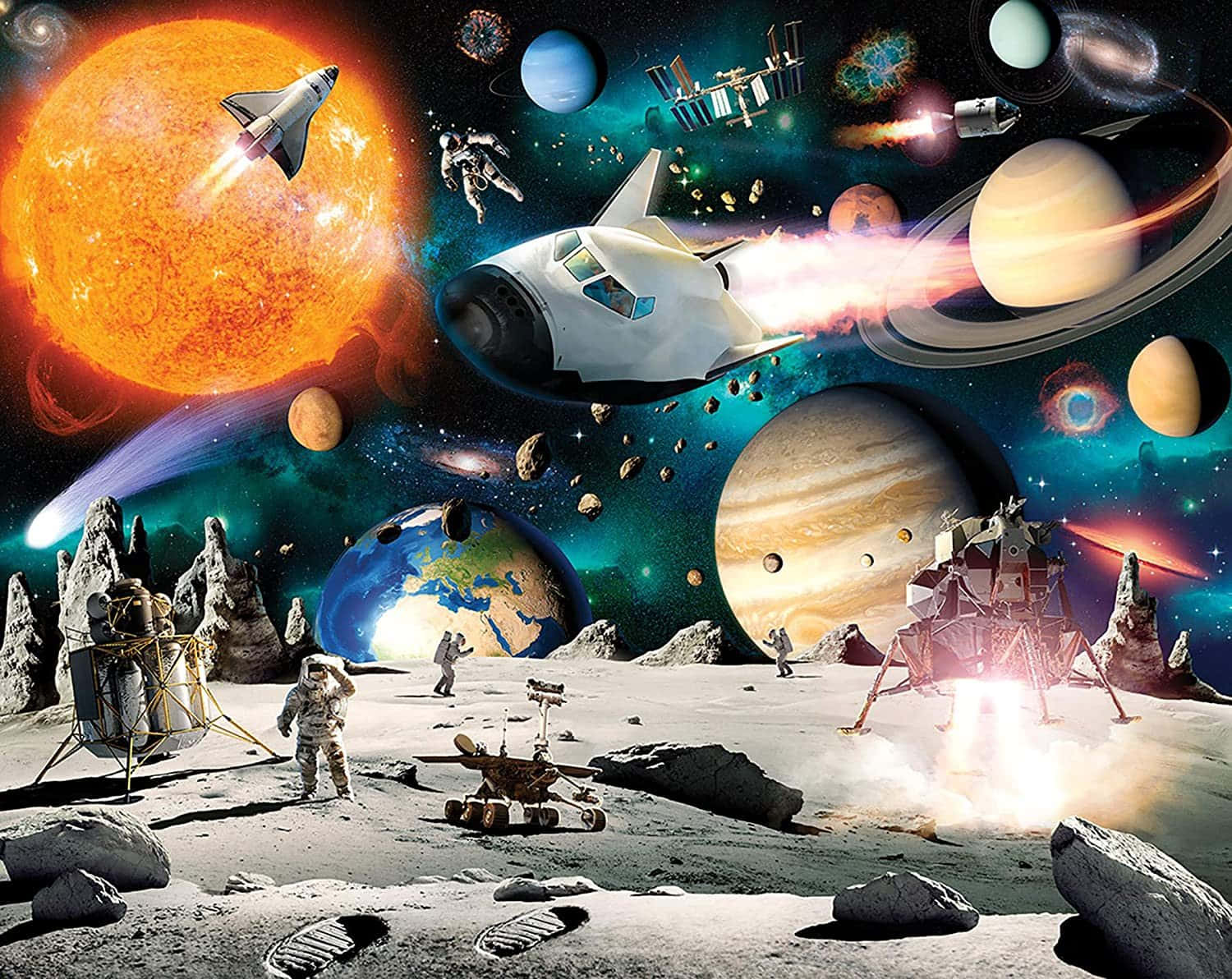 Space Zoom 桌布 壁紙 — 一個充滿活力的宇宙場景，包括太空船、太空人、行星，以及發光的太陽和土星環。