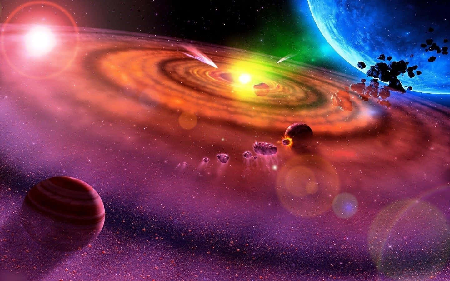 超酷的動圖 桌布 壁紙 — 一個充滿活力的宇宙場景，圍繞著一顆中心恆星，有橙色和紫色色調的旋轉星雲發光，行星和小行星漂浮在深空中。