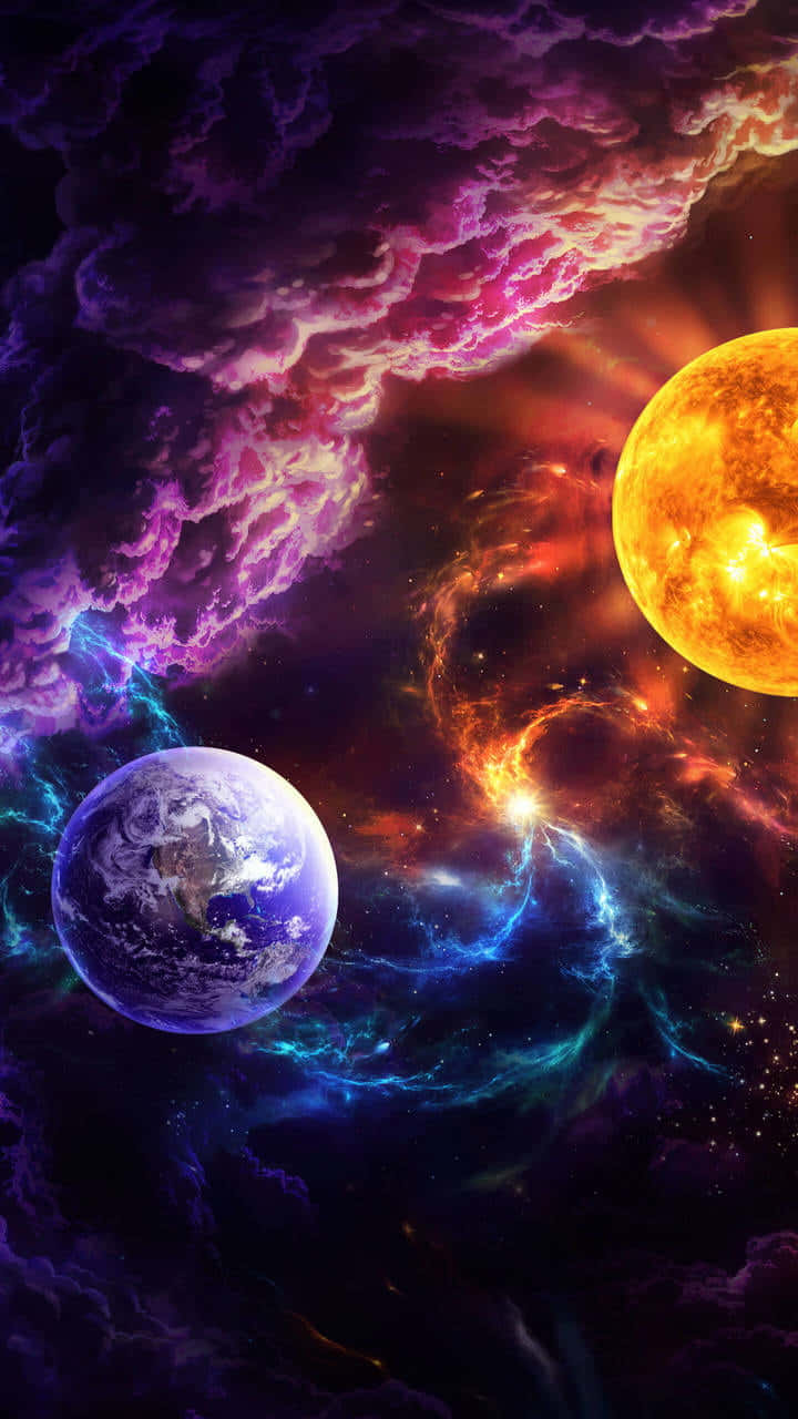 Galaxy Themed Paintings 桌布 壁紙 — 一個充滿活力的宇宙場景，地球和一顆發光的太陽在旋轉的紫色、粉紅色和藍色星雲中。