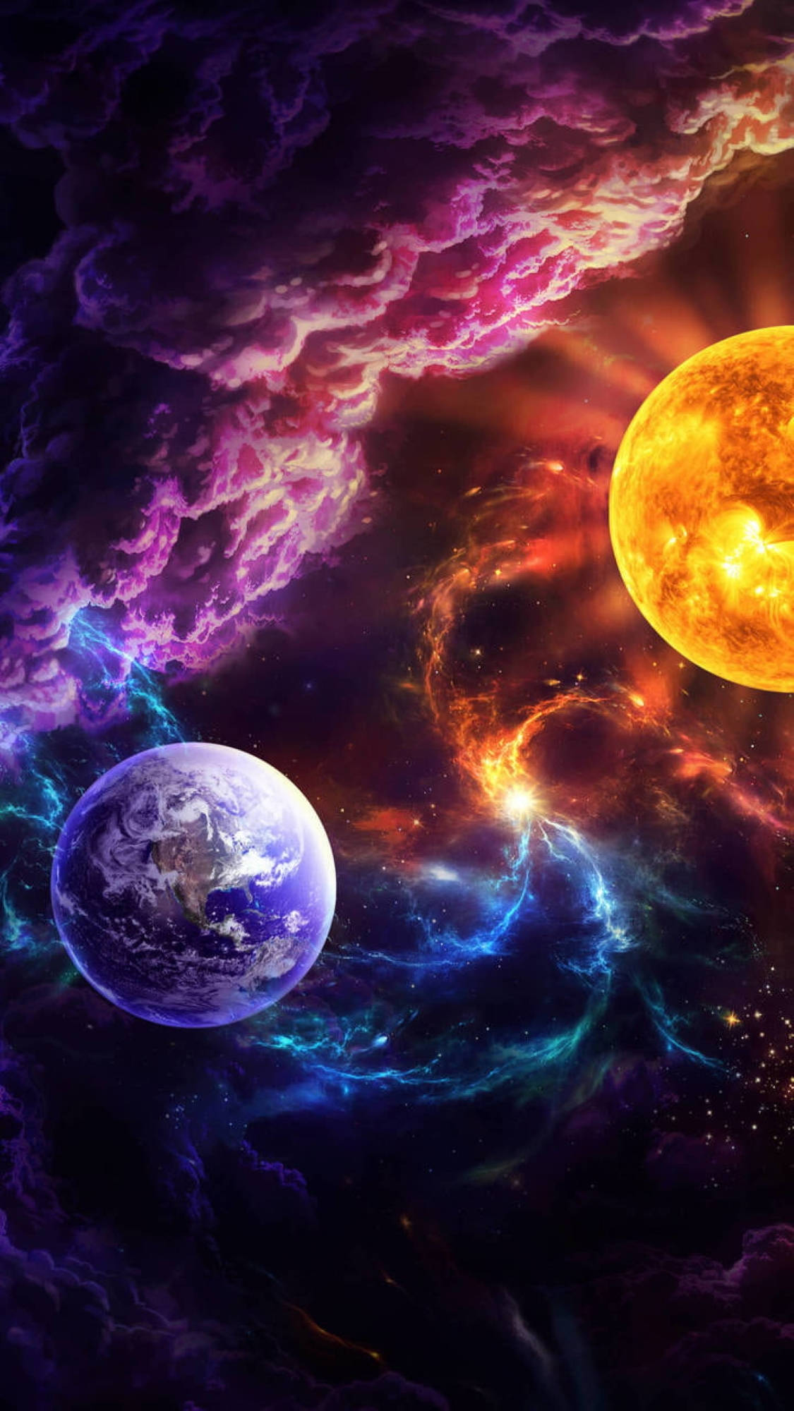 宇宙 桌布 壁紙 — 一個充滿活力的宇宙場景，地球和發光的太陽在旋轉的紫色、橙色和藍色星雲中。