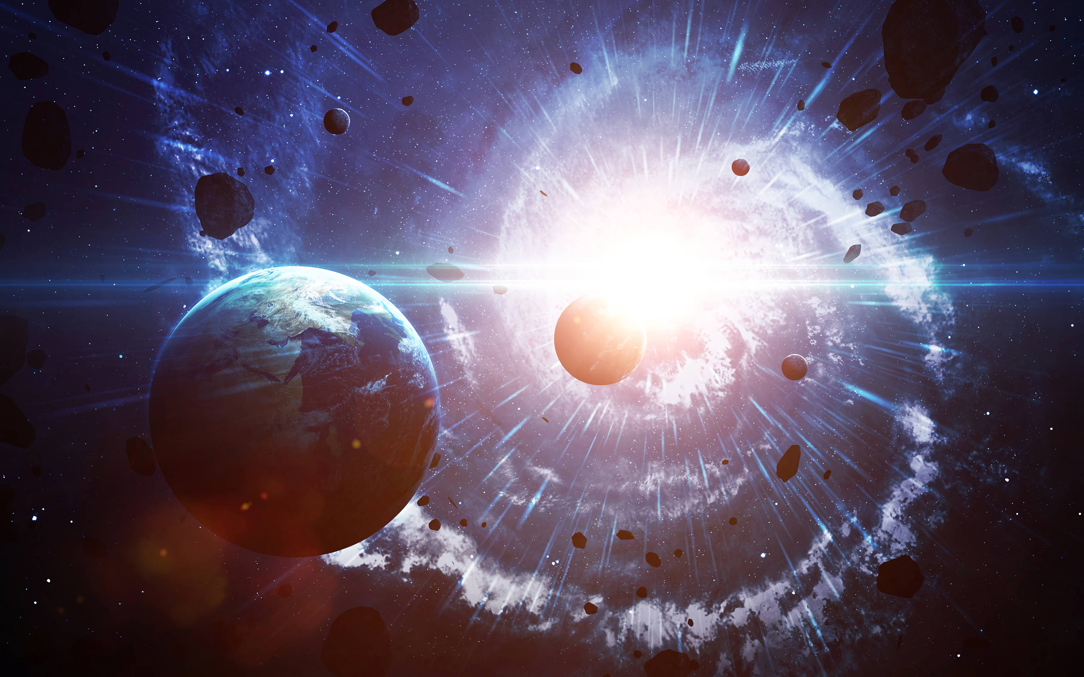 地球 桌布 壁紙 — 一個充滿活力的宇宙場景，地球和發光的太陽被小行星和輻射光束包圍。