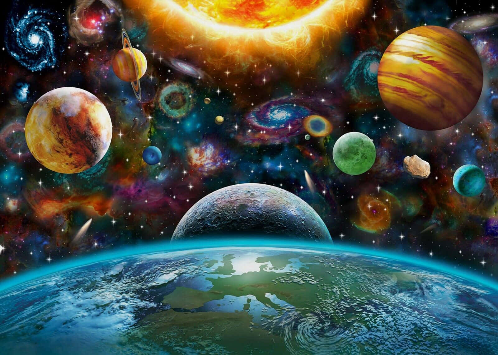 太陽系 桌布 壁紙 — 一個充滿活力的宇宙場景，地球在前景，周圍環繞著色彩繽紛的行星、星雲和恆星，在發光的太陽下。