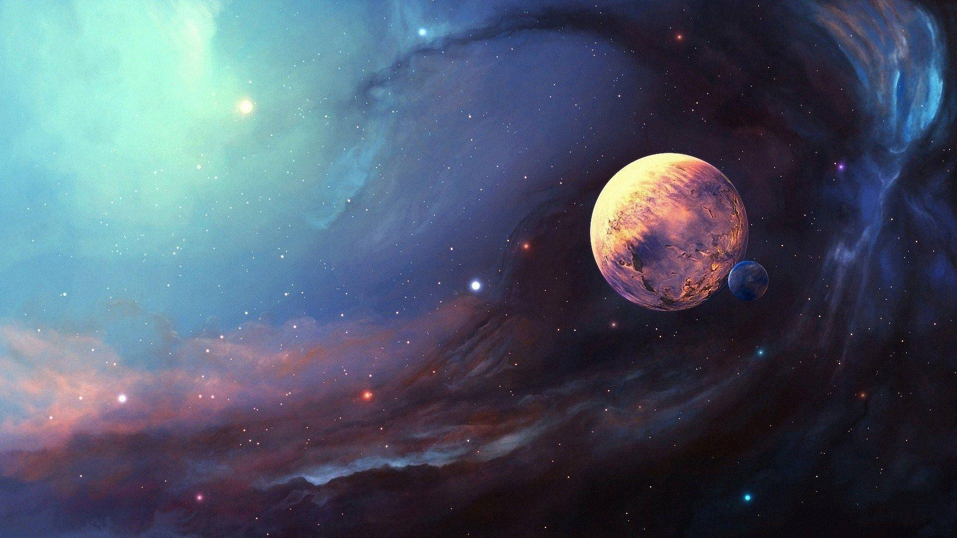 月亮與星星 桌布 壁紙 — 一個充滿活力的宇宙場景，展示了一顆發光的行星，周圍環繞著青綠色、粉紅色和深藍色的漩渦星雲。