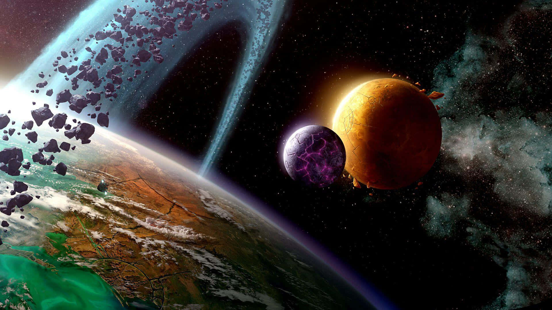 酷炫太空 桌布 壁紙 — 一個充滿活力的宇宙場景，展示了一個擁有綠色海洋和棕色大陸的行星，以及一個紫色的裂縫月球和一個發光的橙色行星，周圍環繞著小行星和星場。