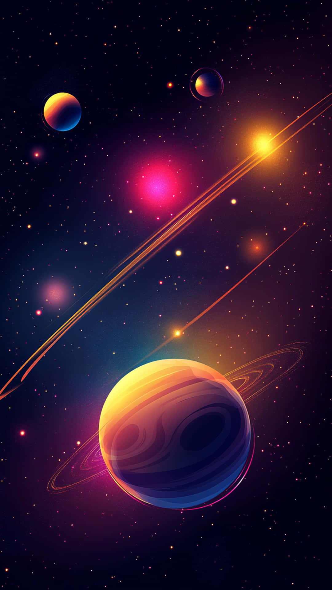 Neon Galaxy background 壁紙 — 一個充滿活力的宇宙場景，展示了一個巨大的環狀行星，在星空背景下發出橙色和藍色的光芒，並有光跡和色彩繽紛的遙遠行星。