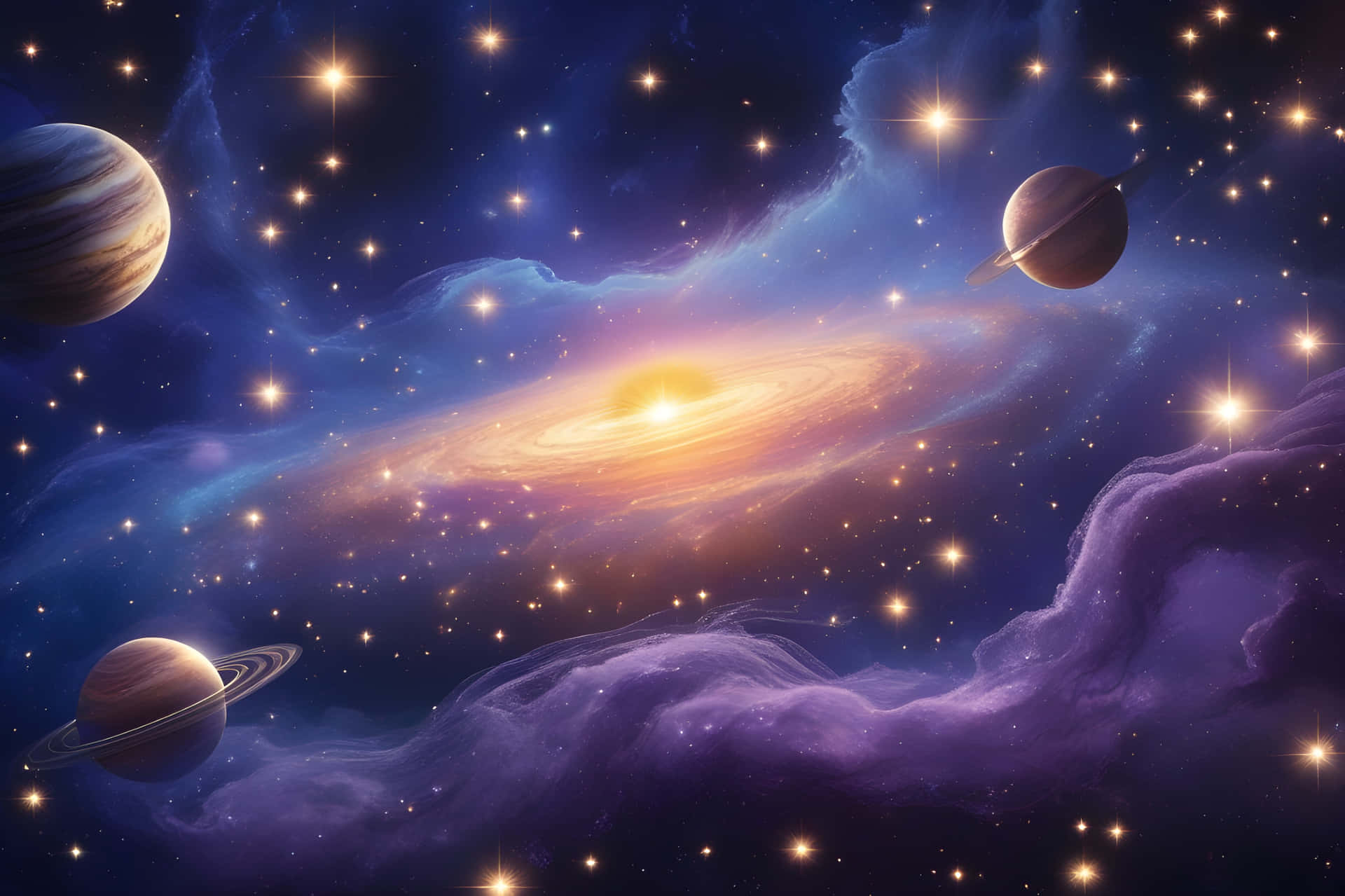 The amazing planet star 壁紙 — 一個充滿活力的宇宙場景，展示了一個發光的螺旋星系，周圍環繞著旋轉的紫色星雲，以及三個帶環行星，背景是星空。