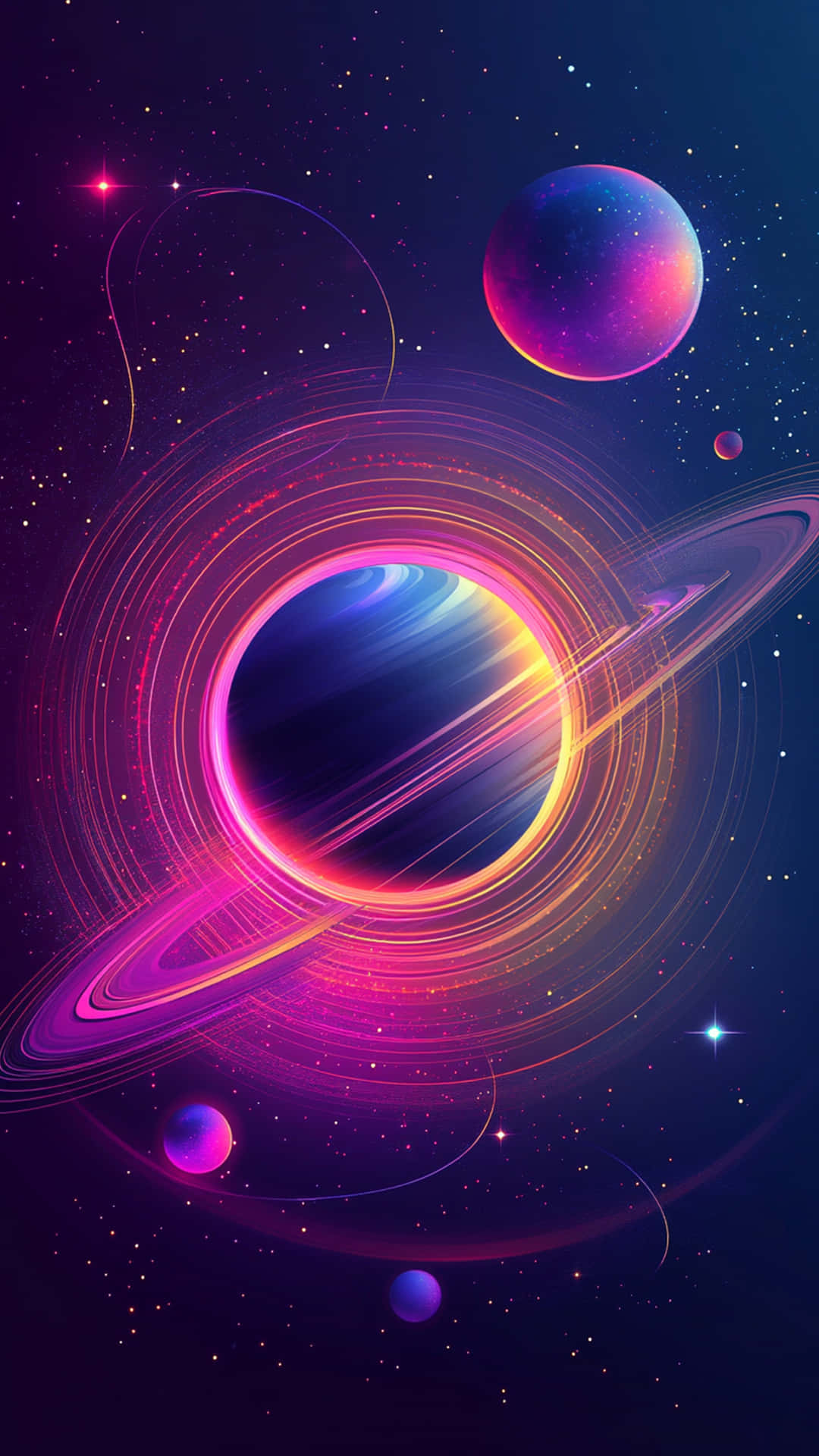 Galaxy with blue background 壁紙 — 一個充滿活力的宇宙場景，展示了一顆發光的行星，帶有霓虹環，周圍環繞著漂浮的球體和閃爍的星星，背景是深紫色的夜空。