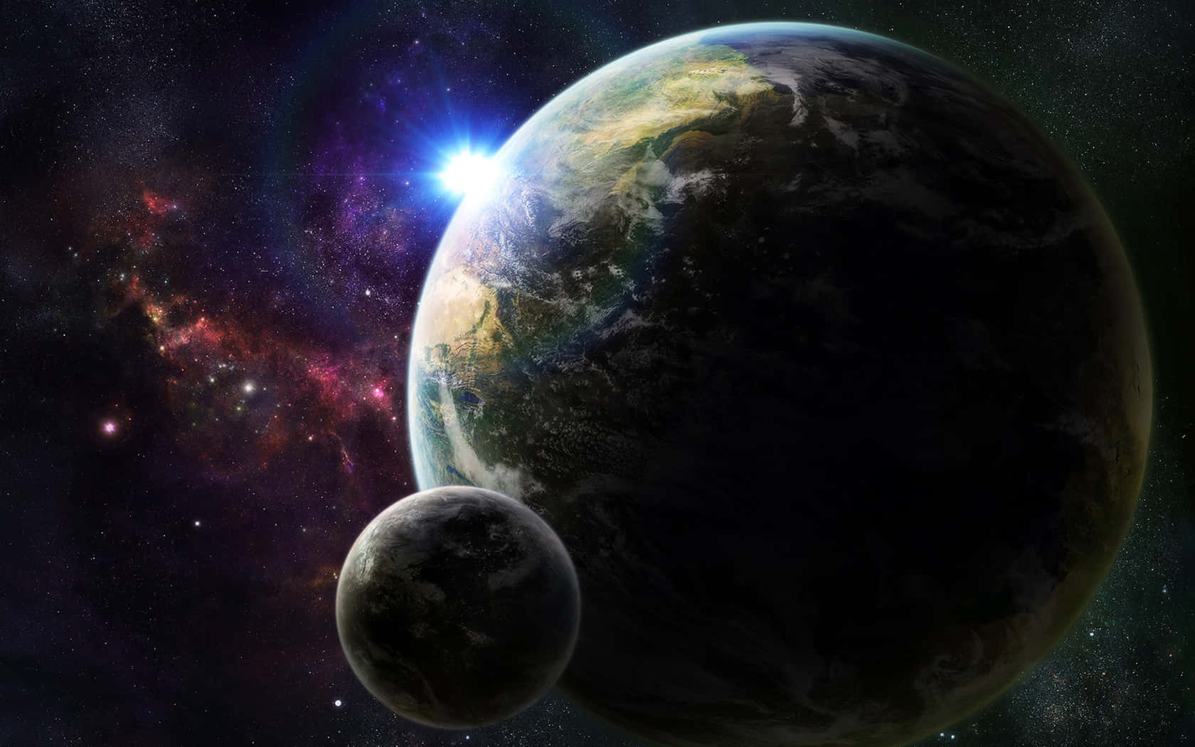 科幻 桌布 壁紙 — 一個充滿活力的宇宙場景，展示地球和一個較小的月球，背景是繁星點點的星雲和明亮的太陽爆發。