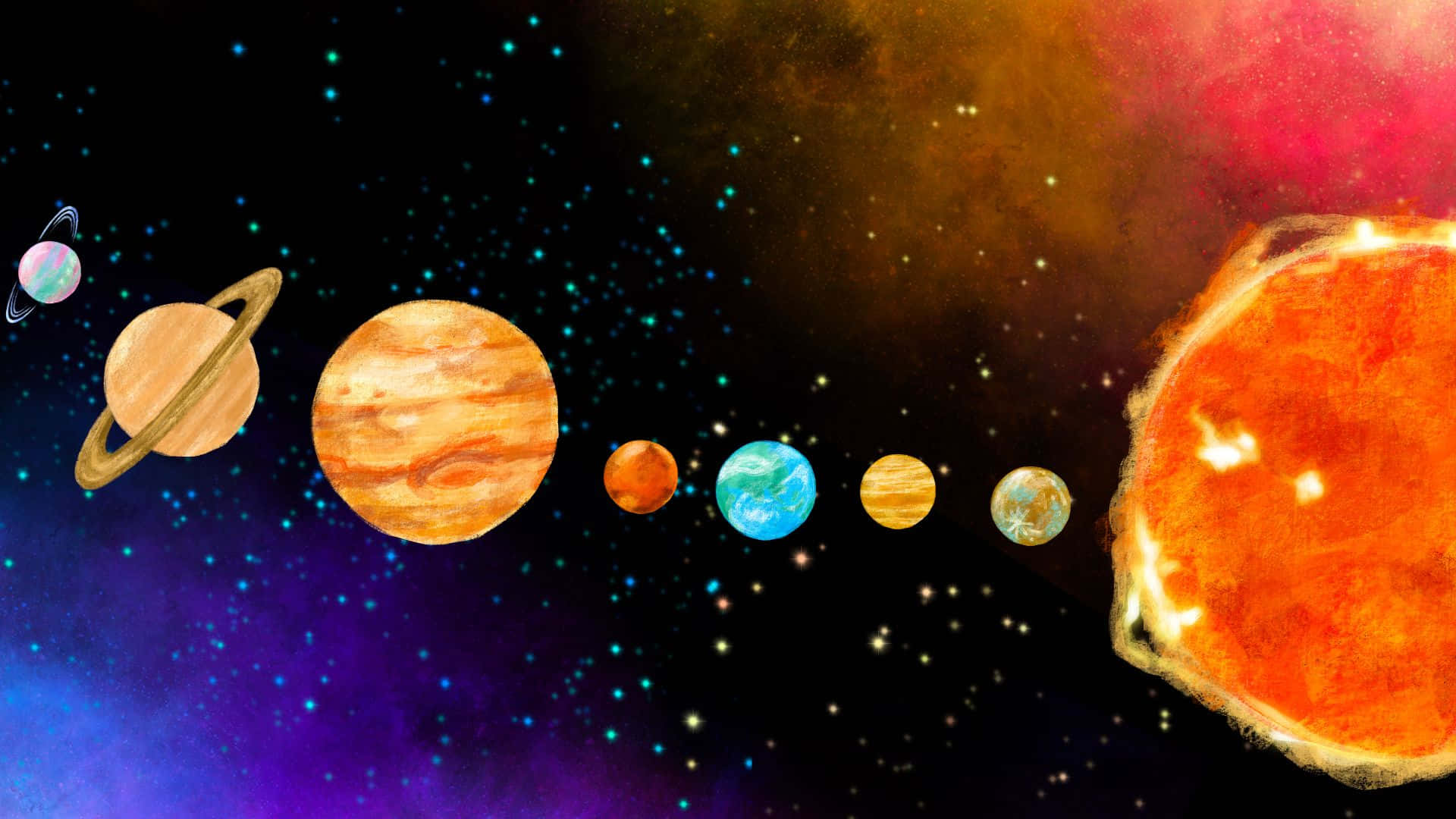 行星動畫 桌布 壁紙 — 一個充滿活力的宇宙場景，展示太陽和行星在佈滿星星的星雲前排列，帶有旋轉的紫色和橙色色調。