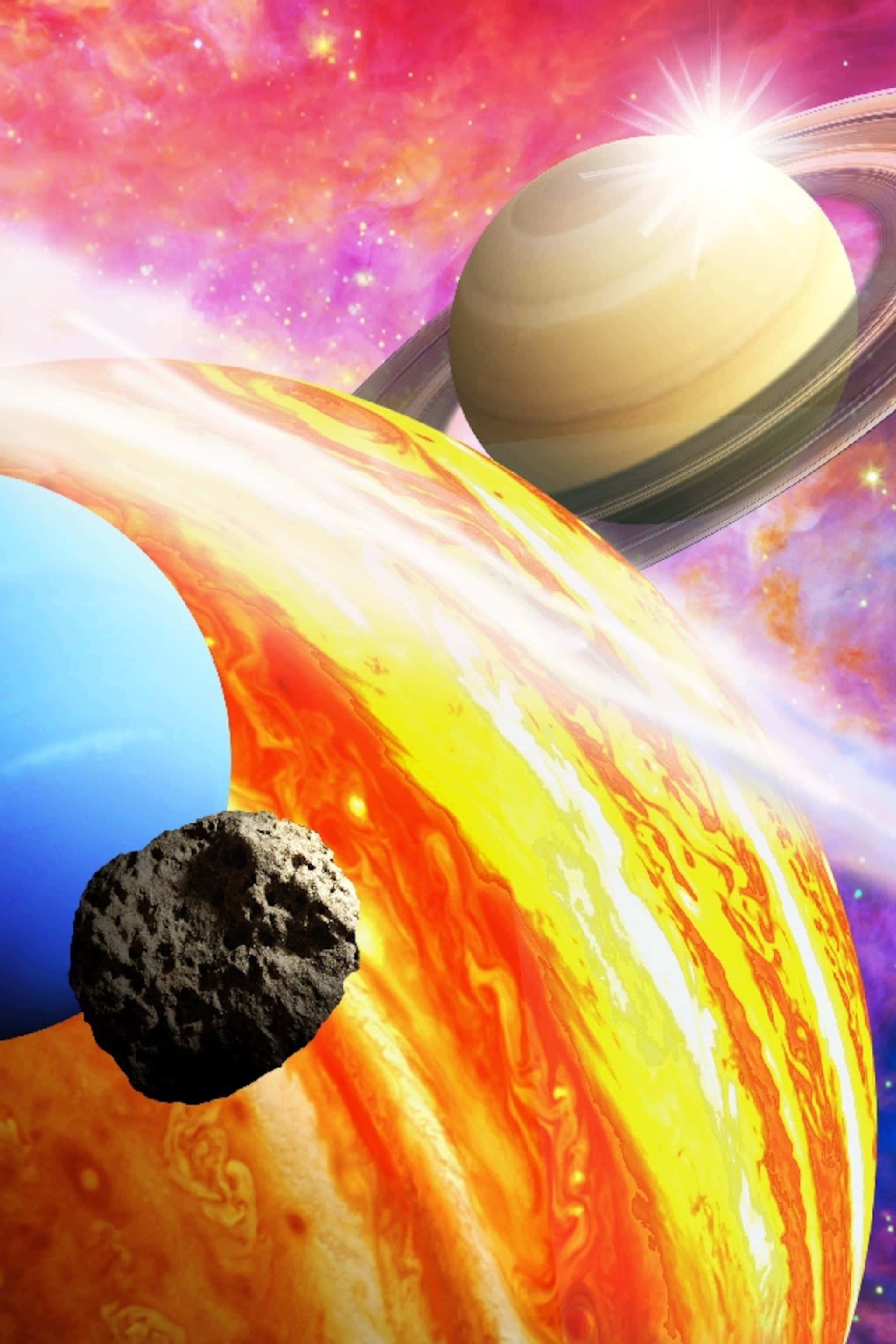 太空 桌布 壁紙 — 一個充滿活力的宇宙場景，展示帶有光環的土星、熾熱的橙色行星、藍色行星和一顆黑暗的小行星，背景是星光閃爍的粉紅色和紫色星雲。