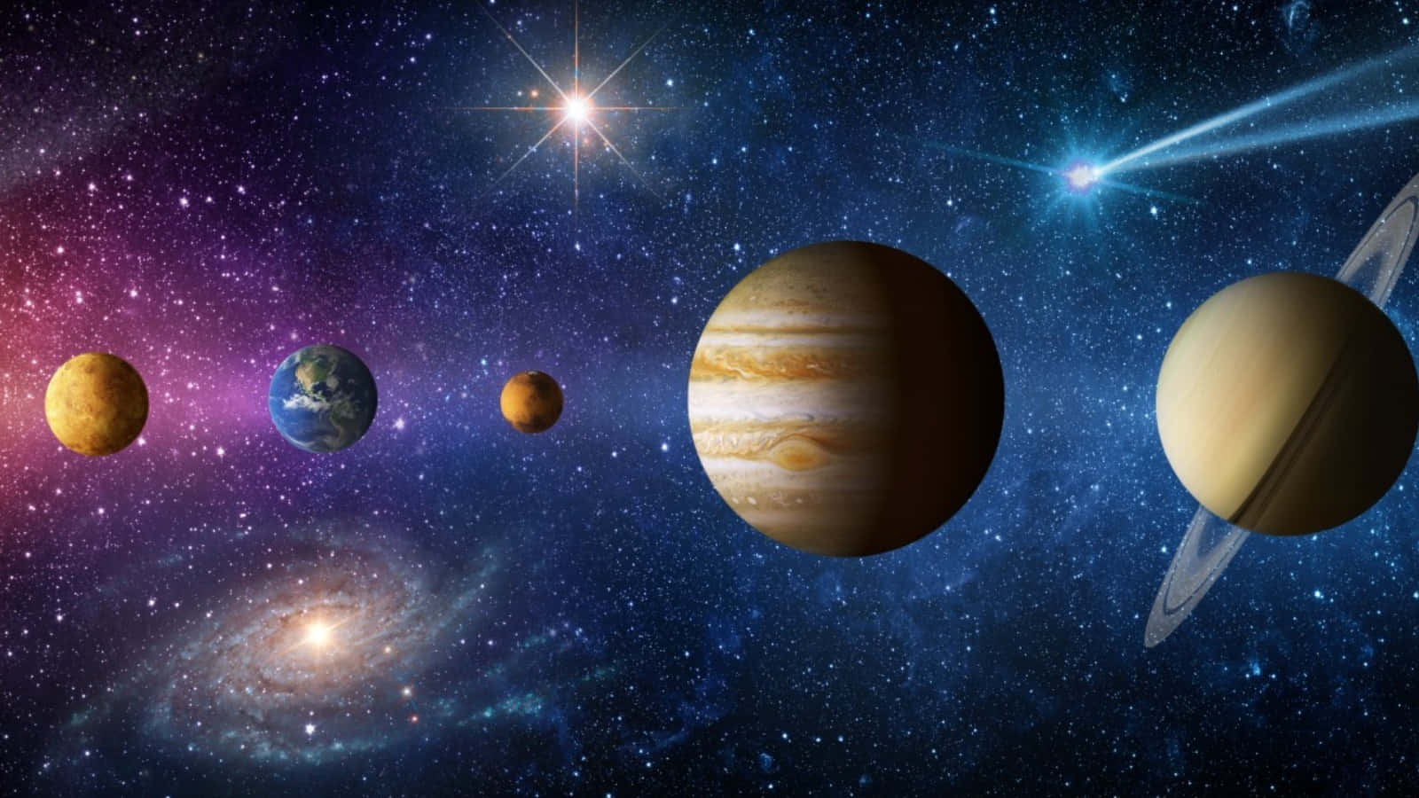 太陽系 桌布 壁紙 — 一個充滿活力的宇宙場景，展示木星和土星等行星漂浮在星星和發光的星系之間。