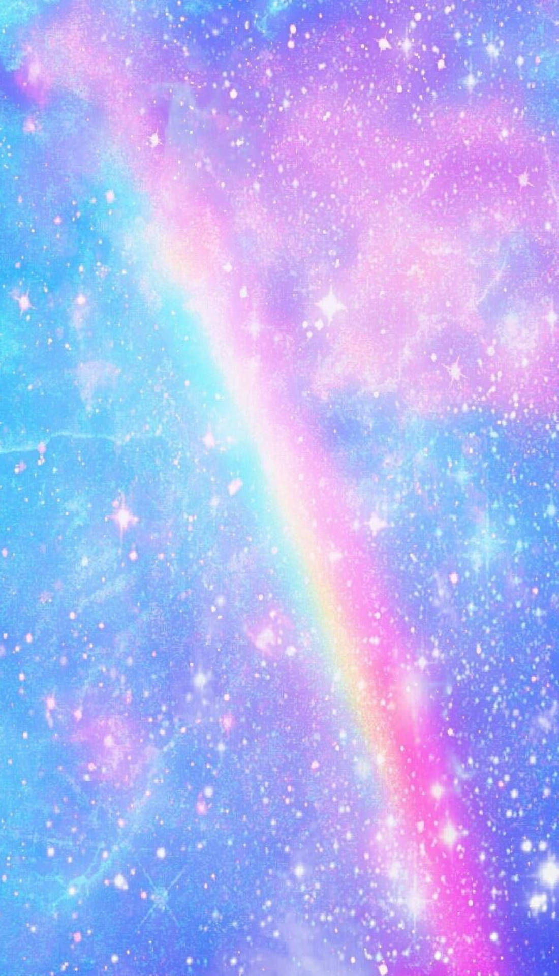 彩虹 桌布 壁紙 — 一個充滿活力的宇宙場景，彩虹流星劃過點綴著閃爍星星的粉彩藍色、粉紅色和紫色星雲。