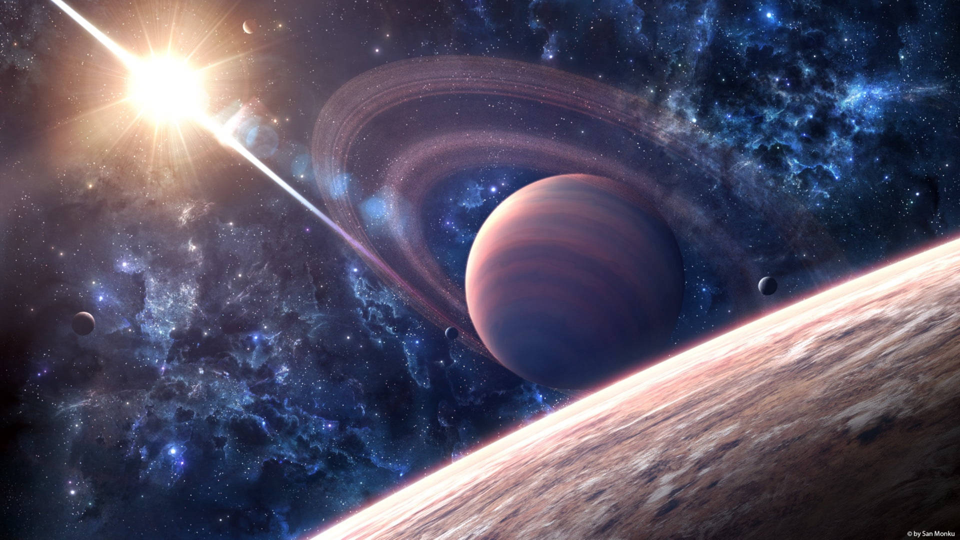 一顆帶光環的行星在明亮的恆星下，在色彩繽紛的星雲和漂浮的衛星中閃耀。 — 太陽 GIF 壁紙