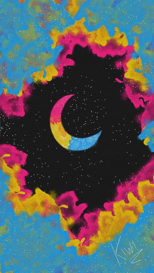 Pansexual 桌布 壁紙 — 一個充滿活力的宇宙場景，新月在黑色星空虛空中發出黃色和藍色的光芒，周圍環繞著火熱的粉紅色和黃色星雲。
