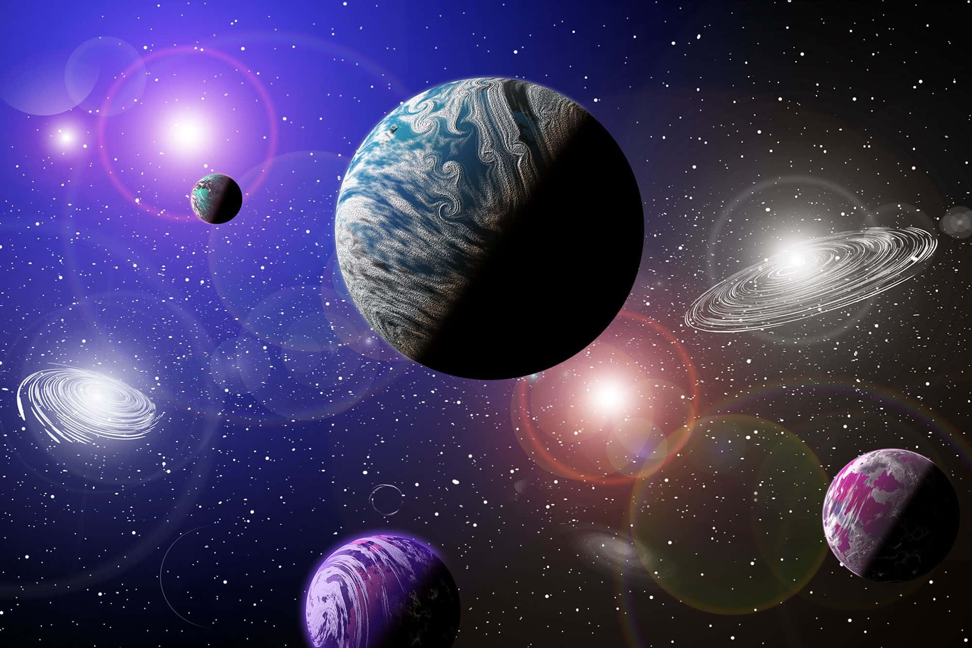 Galaxy Themed Paintings 桌布 壁紙 — 一個充滿活力的宇宙場景，有旋轉的行星和發光的星星，背景是深紫色的銀河。