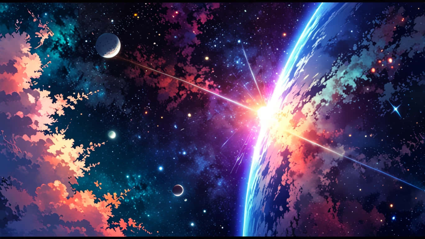 Anime Galaxy Animated Wallpaper 壁紙 — 一個充滿活力的宇宙場景，有發光的行星、流星般的光跡和色彩繽紛的星雲雲層，背景是繁星點點的夜空。