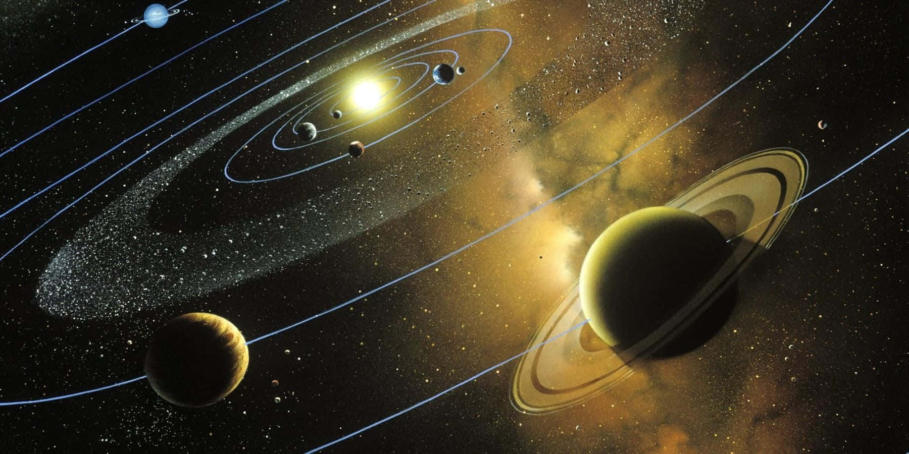 太陽系 桌布 壁紙 — 一個充滿活力的宇宙場景，有發光的太陽、軌道運行的行星，以及在繁星點點的星雲背景下突出的環狀行星。