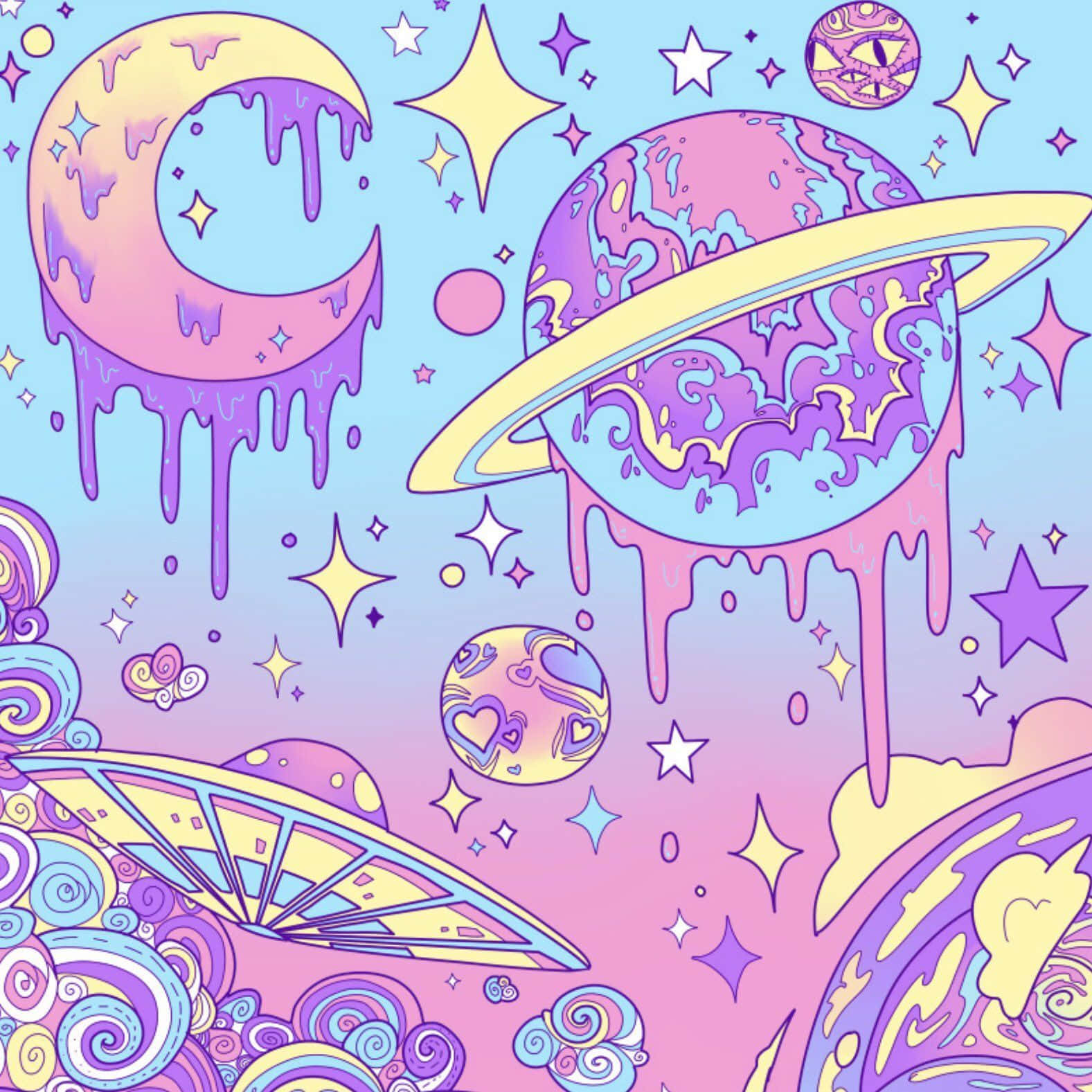 淡彩風格 桌布 壁紙 — 一個充滿活力的宇宙場景，有融化的行星、星星和UFO，背景是柔和漸變的天空。
