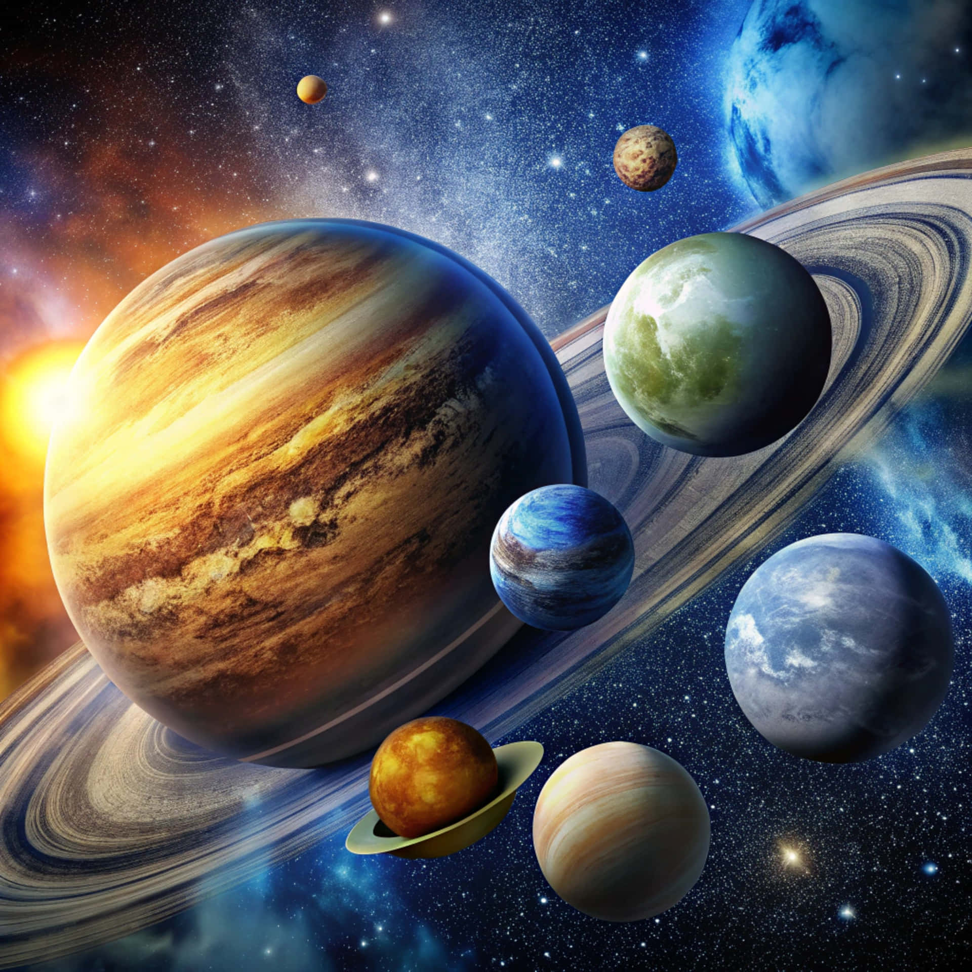 Space and planets 壁紙 — 一個充滿活力的宇宙場景，木星、土星、地球和其他行星漂浮在星雲背景上。